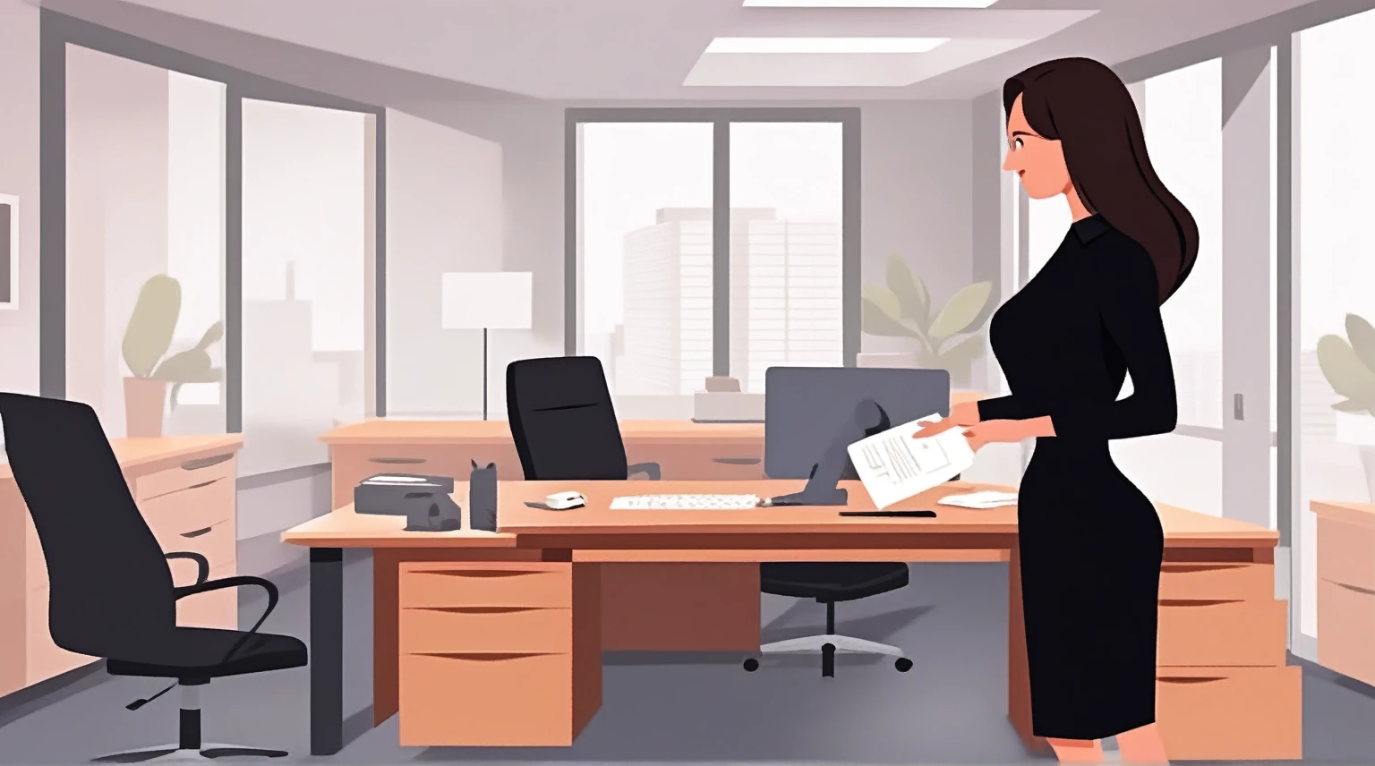 secratary at the boss office wearing a black dress