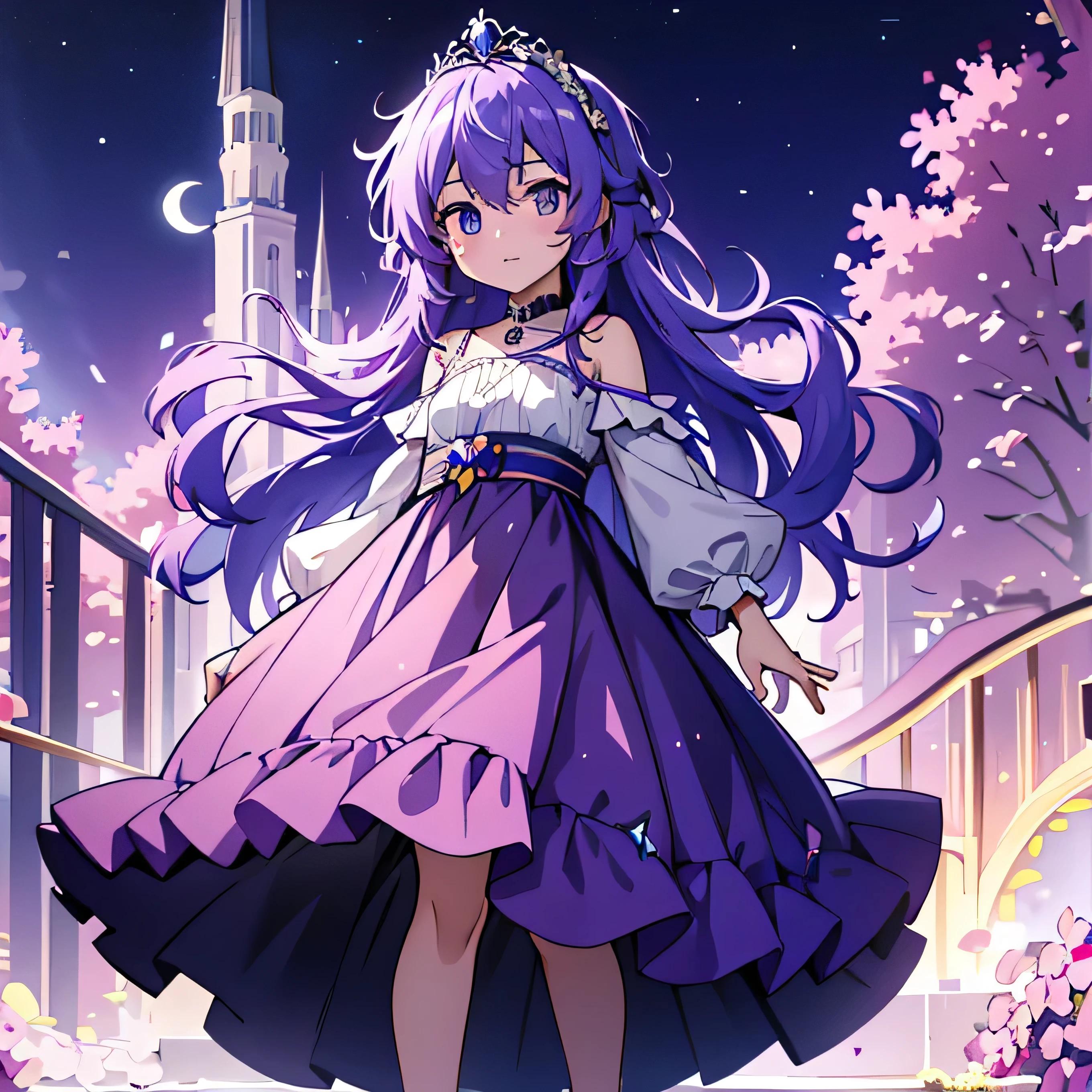 high resolution, 4k, 8k, standing, 1 female, , multi-color hair, ombré hair, dual-colored hair, tiara, VIOLET INDIGO PURPLE moon princess dress