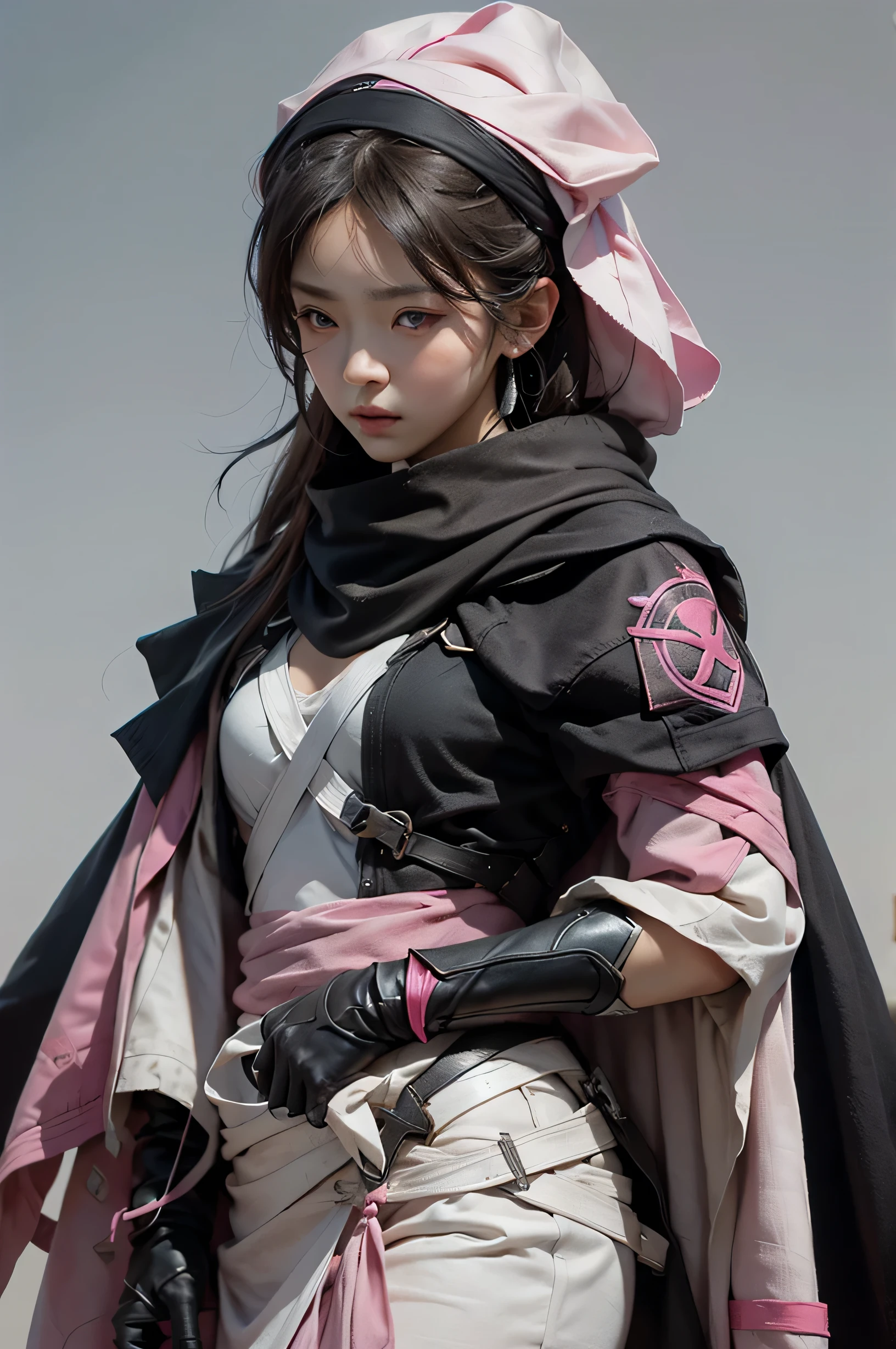 Female Assassin Pink and Black Cloth design, detailed fabrics, Whole Body, on white background (natural skin texture, hyperrealism, soft light, sharp)