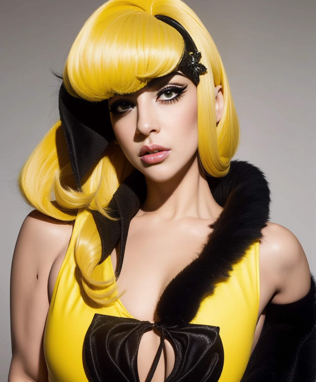 Lady Gaga fashion makeup closeup drag queen face giant fabulous yellow wig backlight hyper detailed head portrait black outfit