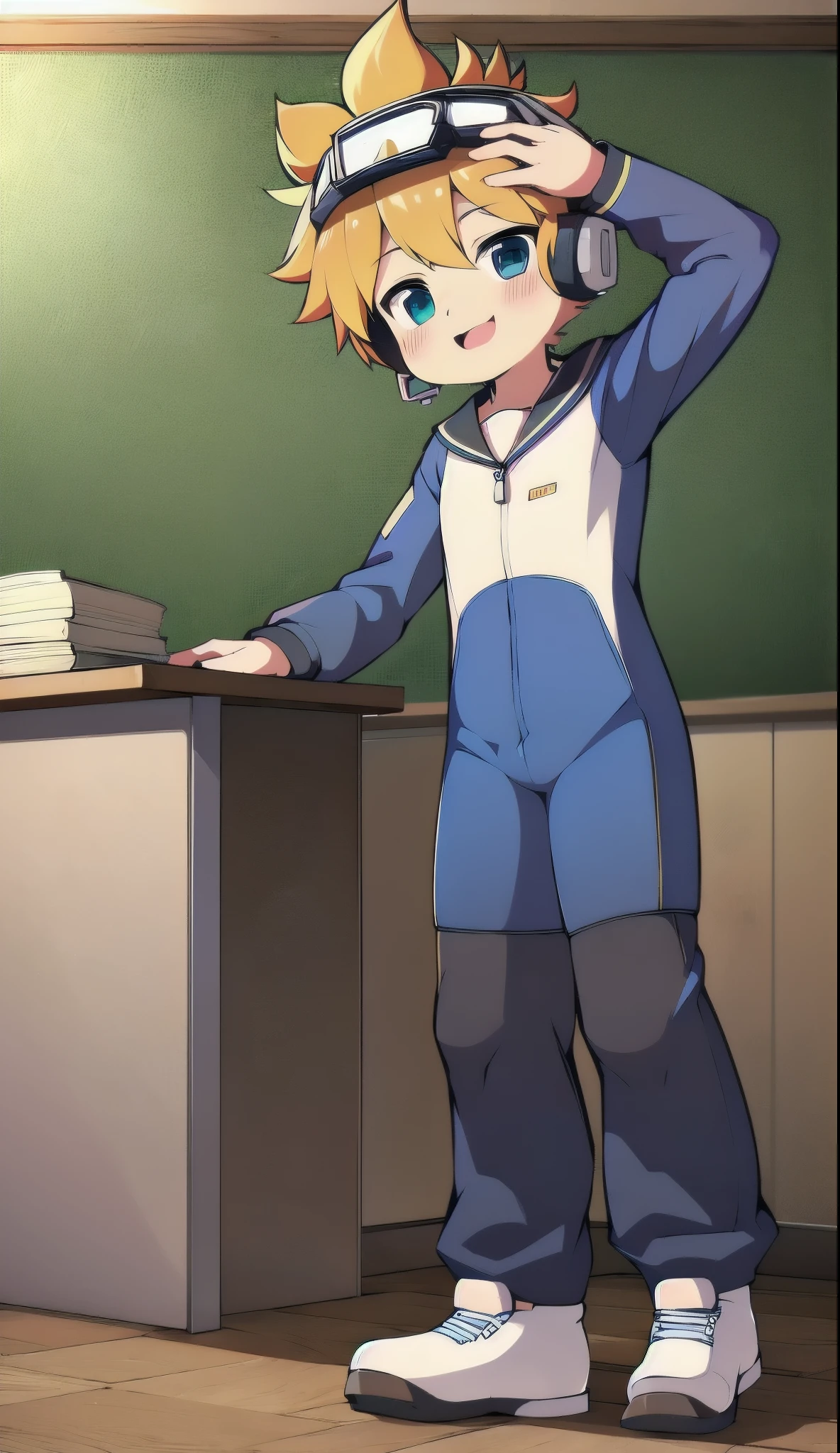 Two-dimensional boy，One-piece mountaineering suit，trumpet，Cow ears，Put the headphones on your head，stand up，goggles，sports shoes，Slim，Happy，Sailor collar，classroom