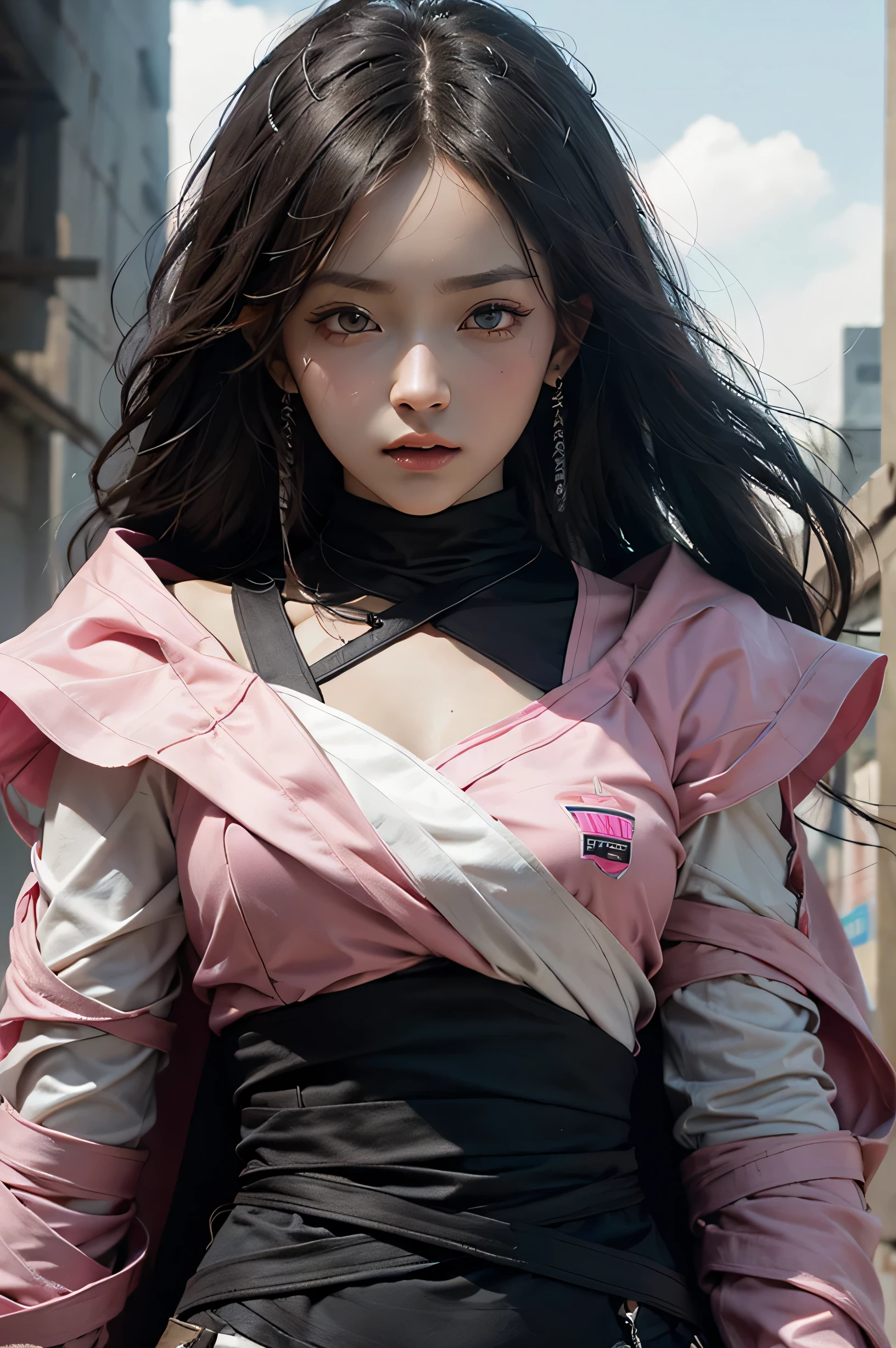 Female Assassin Pink and Black Cloth design, detailed fabrics, Whole Body, on white background (natural skin texture, hyperrealism, soft light, sharp)