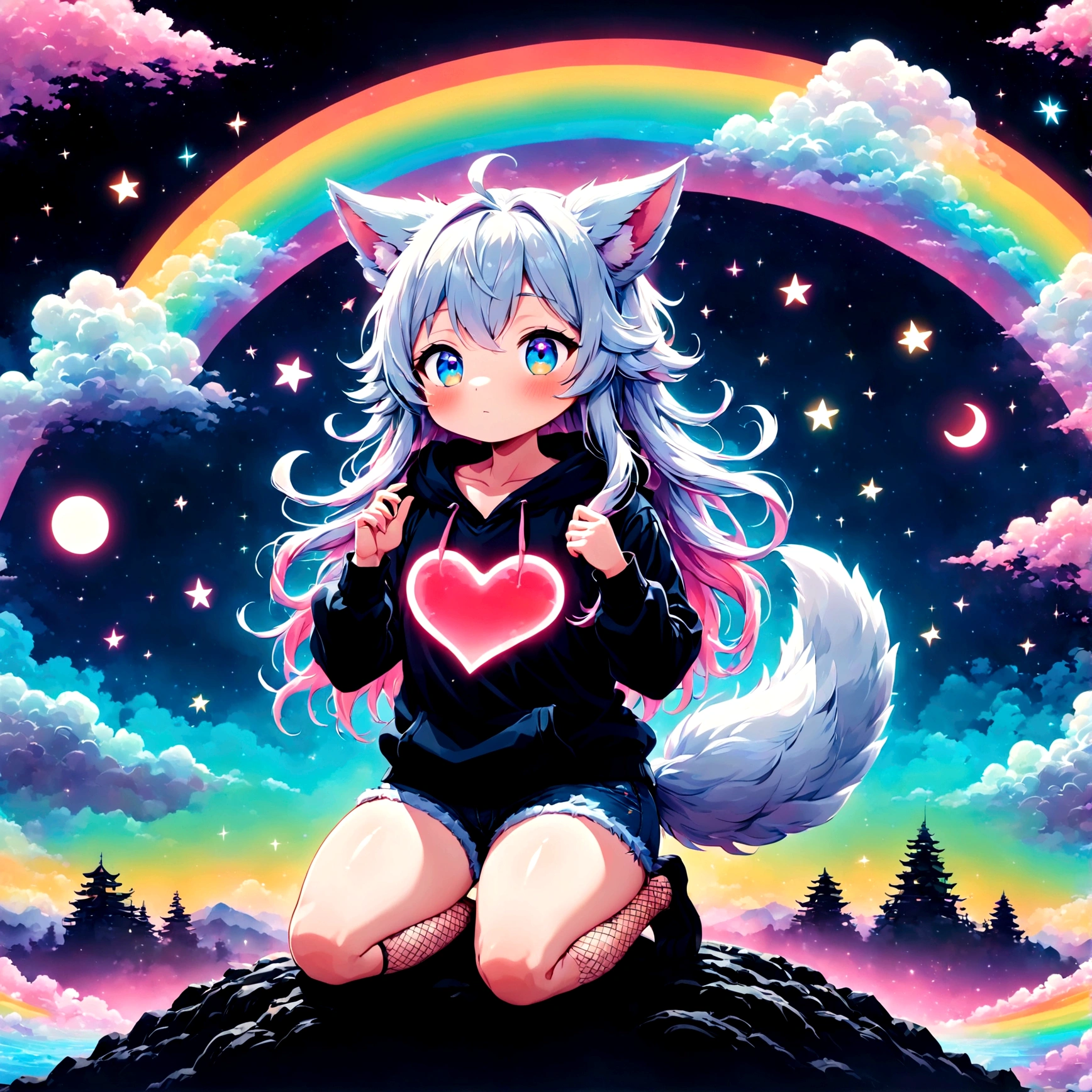 a cute adult male with wolf ears, long white hair, long locks, has a wolf tail, wearing a loose cropped black hoodie, wearing a pair of denim short shorts and fishnet stockings, thick thighs, wide hips, relaxing on mound of fluffy multi colored kawaii plushies, short, very slim, showing slender tummy, heart on hoodie, squishy thighs, has glowing blue eyes. alone, solo (ALONE)(SOLO), surrounded by rainbows, colorful galaxy backround