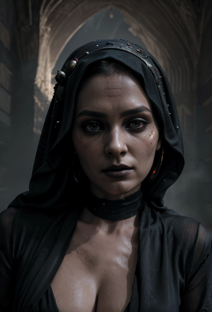 a beautiful woman with a colorful headscarf, intricate detailed face, piercing eyes, full lips, delicate features, graceful pose, standing before a towering demonic creature, cinematic lighting, dramatic shadows, gritty dark fantasy atmosphere, chiaroscuro lighting, ultra-detailed, 8k, photorealistic, highly rendered, moody, gothic, mystical