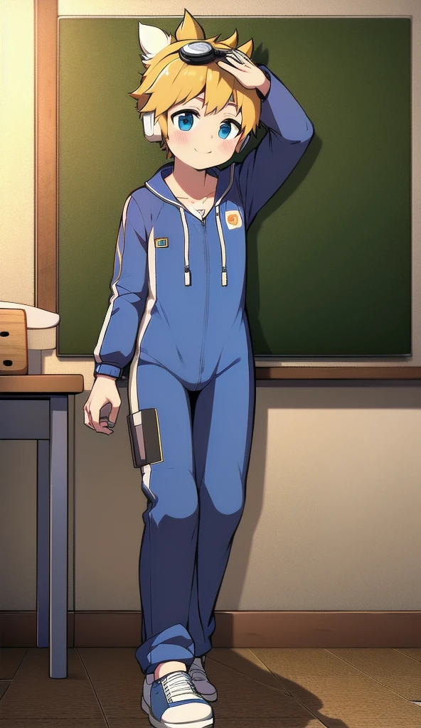 Two-dimensional boy,One-piece mountaineering suit,trumpet,Cow ears,Put the headphones on your head,walk,goggles,sports shoes,Slim,Happy,Sailor collar,classroom
