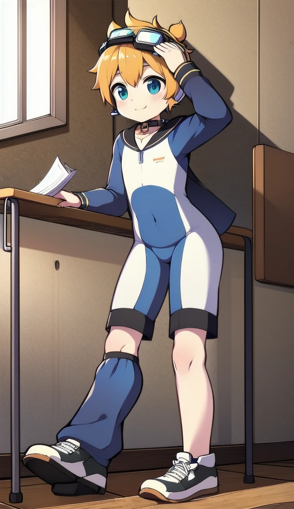 Two-dimensional boy，One-piece mountaineering suit，trumpet，Cow ears，Put the headphones on your head，walk，goggles，sports shoes，Slim，Happy，Sailor collar，classroom