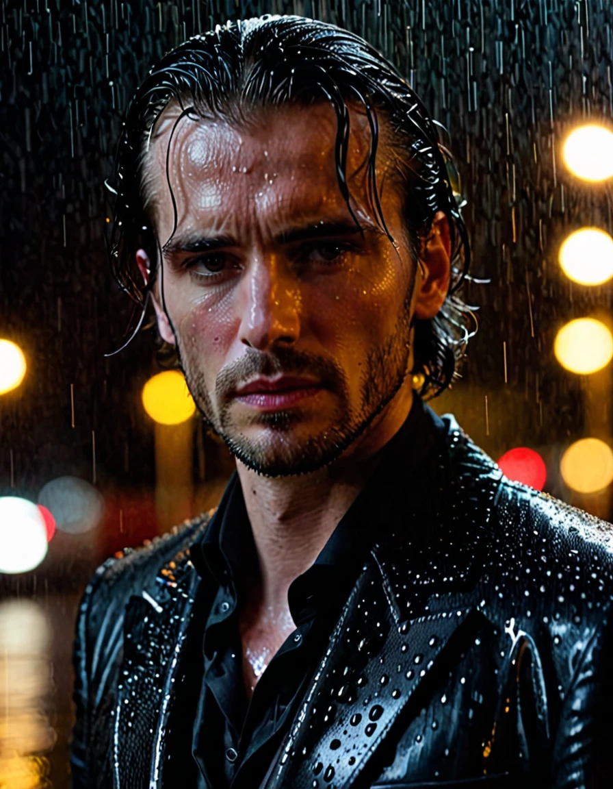 
A Handsome gothic man stands alone in the rain at night in a dynamic pose. His expression is sorrowful, his eyes reflecting deep sadness. The scene is dark and moody, with rain droplets softly blurred in the background. His pale skin contrasts sharply with his long dark, wet hair that clings to his face. he's wearing a 18th century black suit with intricate patterns. The focus is sharply on his face, capturing the intricate details of his melancholic expression, while the background remains out of focus, enhancing the sense of isolation and depth. The soft glow of distant streetlights barely illuminates him, adding a mysterious and ethereal atmosphere to the scene.