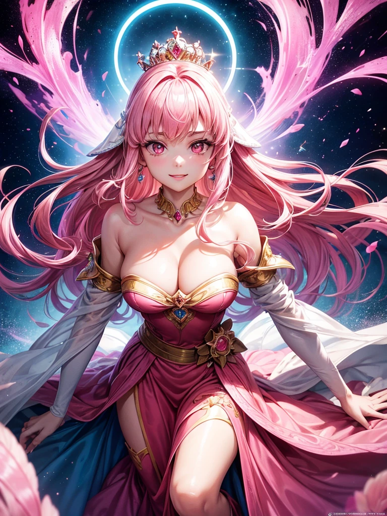 Imagine a vibrant poster with the movie title in elegant letters across the top. At the center, the princess is in the spotlight, wearing a stunning pink dress that flows gracefully to the floor. Her long pink hair falls in soft waves over her shoulders., and your pink eyes shine with a magical light. Your skin is pure white, almost luminous, contrasting with her perfect pink lips that boast a charming smile. Ao redor dela, subtle details of the kingdom hint at an epic adventure to come. The poster radiates a sense of perfection and wonder, inviting everyone to discover the story of the perfect princess.