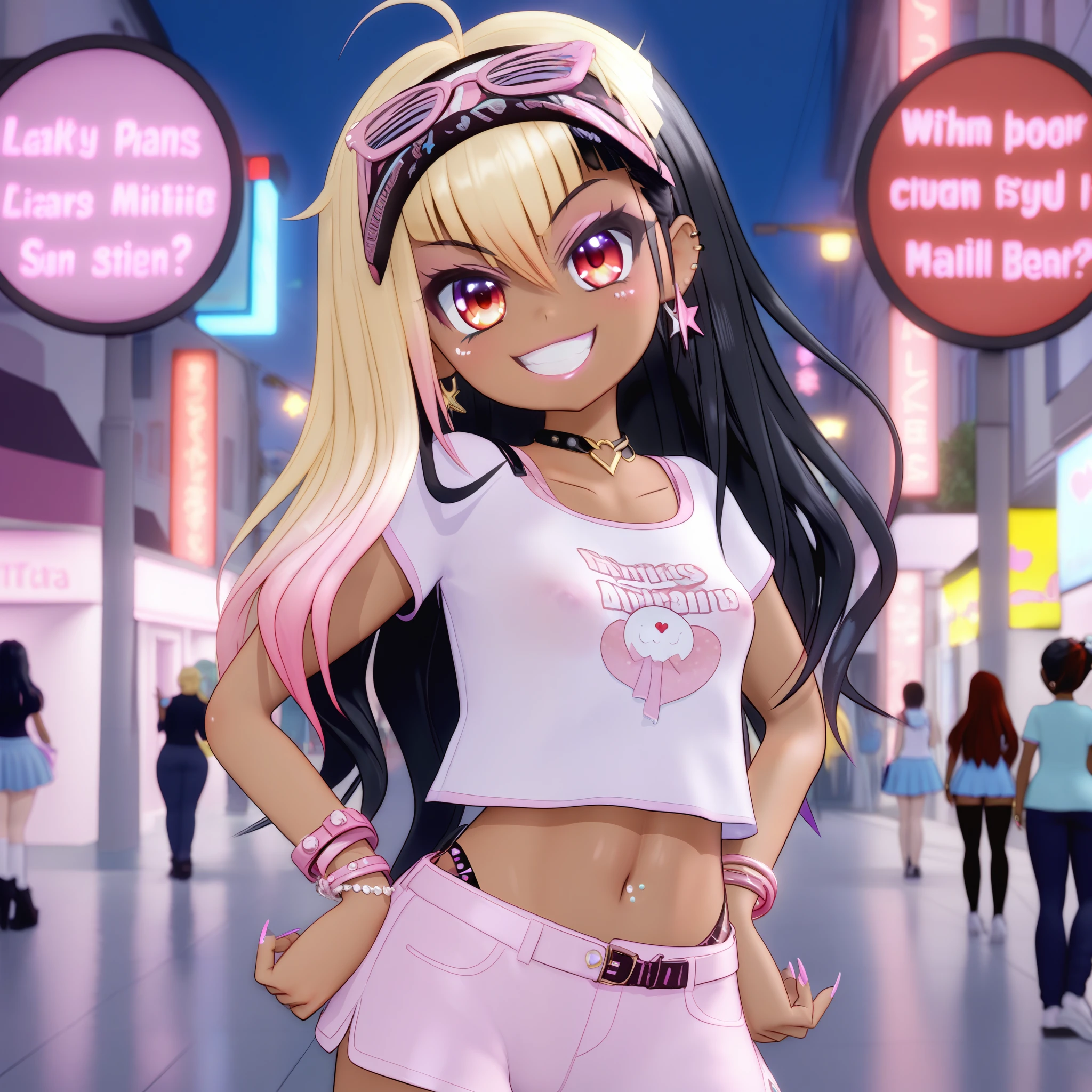 (masterpiece), best quality, highly detailed faces, (SHARP details), 4k, highly detailed, expressive eyes, SHARP detail expressive eyes, (SHARP detail perfect face), By mantis-x, gyaru, young girls, small breasts, playful smile, (black hair), standing, ((dark skin)), slutty, red light district, long hair, nighttime, (multiple girls), wearing prostitute outfit,