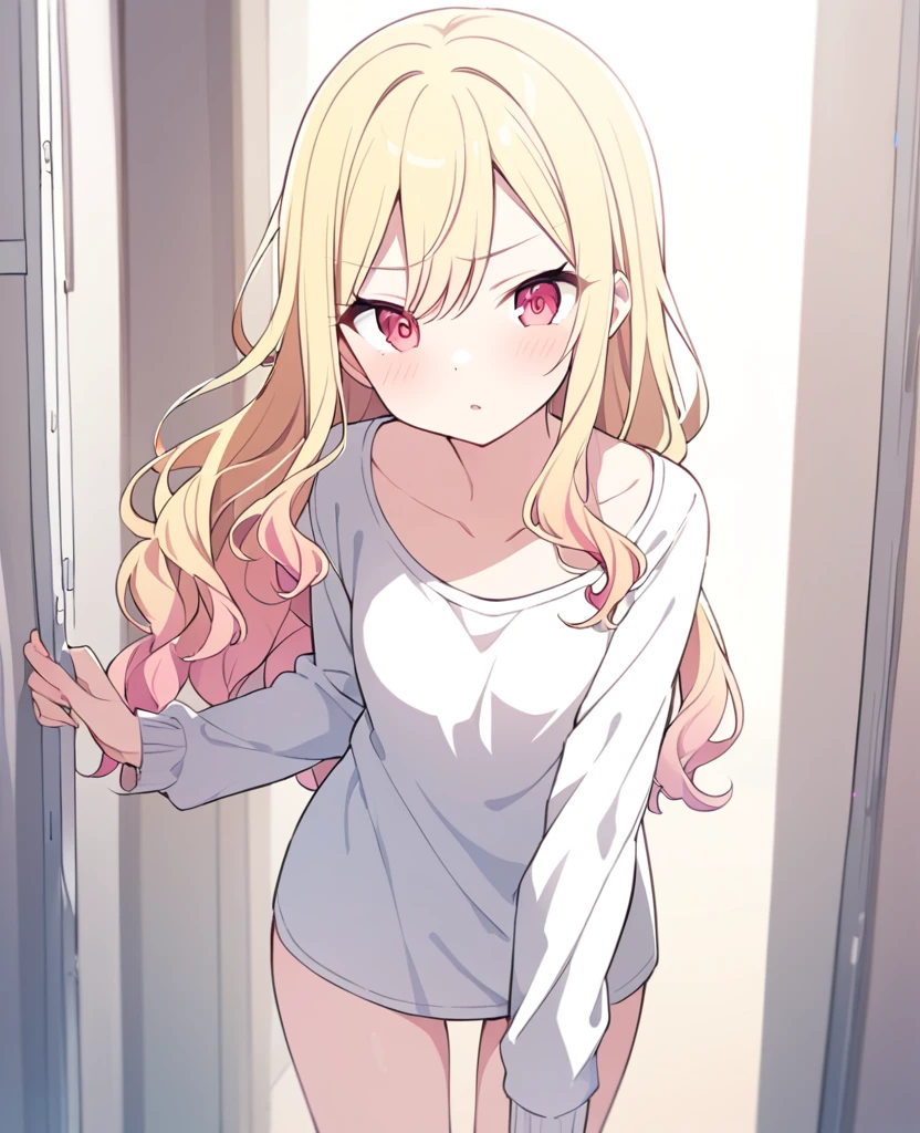 One girl,alone,Tenma Saki, body type,Yellow Hair,Red Eyes,project sekai,long hair,cute,cute,nsfw,shirt,corridor,Fingered
