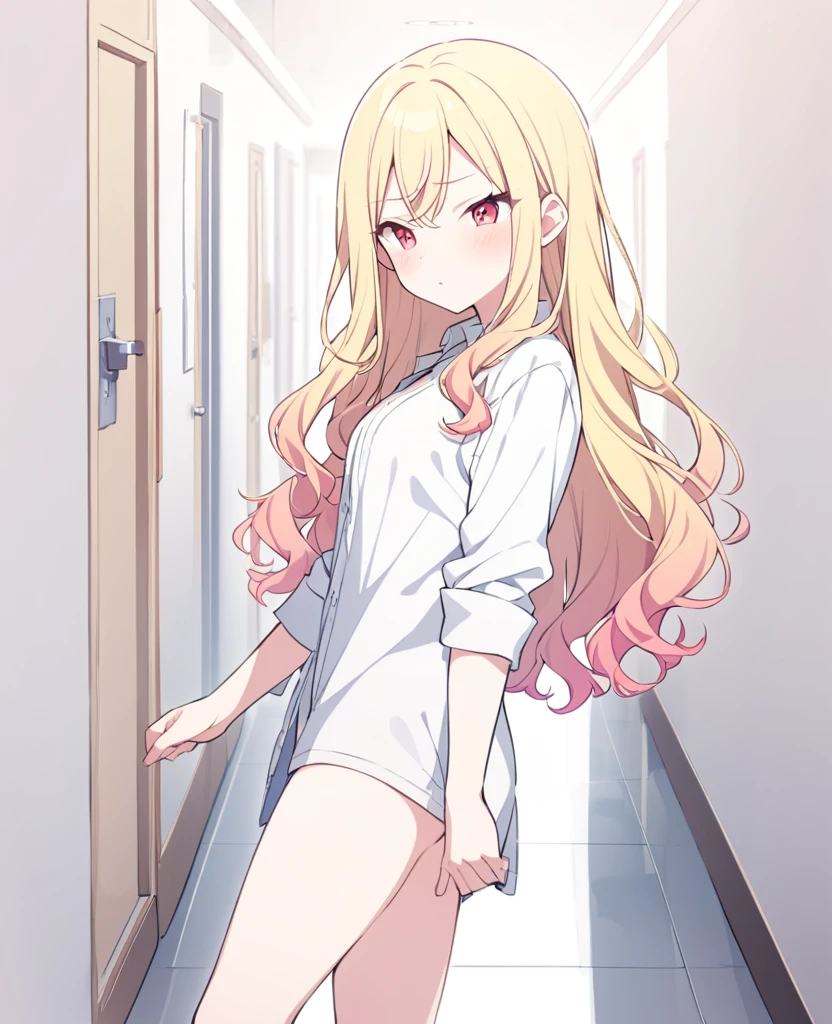 One girl,alone,Tenma Saki, body type,Yellow Hair,Red Eyes,project sekai,long hair,cute,cute,nsfw,shirt,corridor,Fingered