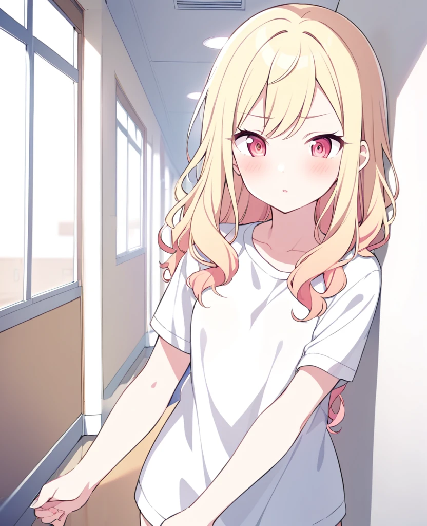 One girl,alone,Tenma Saki, body type,Yellow Hair,Red Eyes,project sekai,long hair,cute,cute,nsfw,shirt,corridor,Fingered