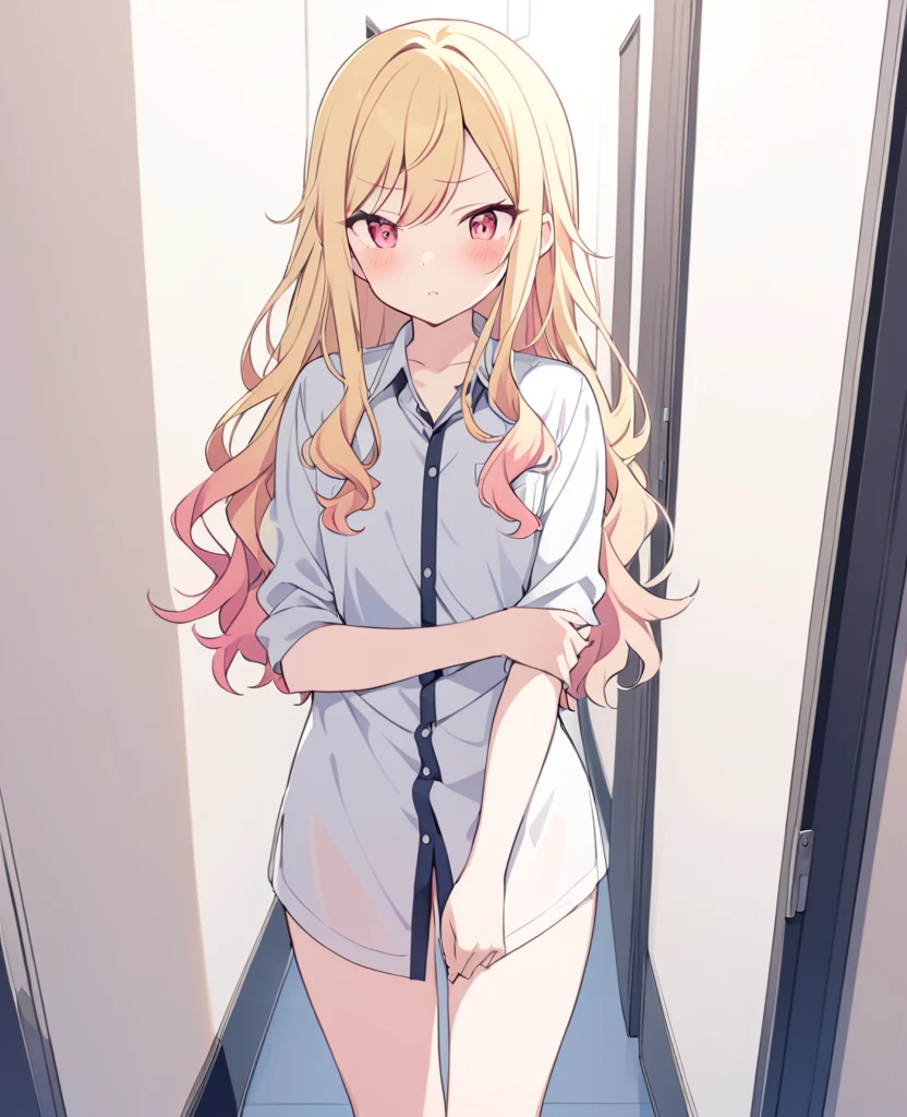 One girl,alone,Tenma Saki, body type,Yellow Hair,Red Eyes,project sekai,long hair,cute,cute,nsfw,shirt,corridor,Fingered
