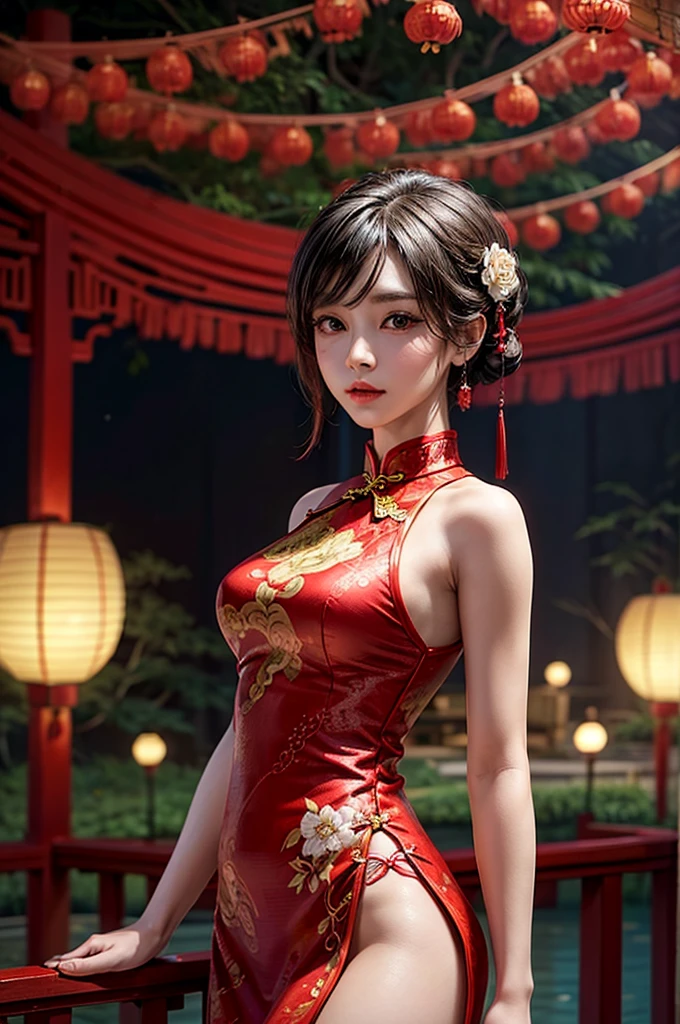 Create a highly detailed and elegant Cheongsam (Qipao) design. The dress should feature intricate floral embroidery, traditional Chinese patterns, and a high collar. The fabric should be silky and glossy, with a rich, deep red color that symbolizes good fortune. Add gold accents and trim to enhance the luxurious feel. The Cheongsam should be form-fitting, highlighting the wearer's figure gracefully, with side slits for ease of movement. Include delicate buttons along the side and an overall sophisticated, timeless look.
Place the model wearing the Cheongsam in a beautiful background setting. The background should feature a traditional Chinese garden with blooming cherry blossoms, a tranquil pond with koi fish, and a graceful arched bridge. Add elements like lanterns hanging from trees and a pagoda in the distance to complete the scene. Ensure the lighting is soft and warm, creating a serene and enchanting atmosphere.