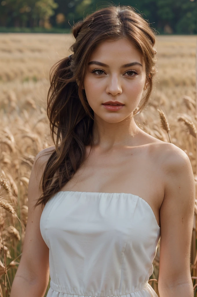 (Masterpiece:1.4),, (Best Quality:1.4),, ultra high resolution,, 8k, CG,, (extremely delicate and beautiful:1.2),, , Upper part of the body,, on one side,, looking at the viewer,, , 1 girl,, Alone,, fashion girl,, mature girl,, , beautiful, Sweet,, , in the wheat field,, blurred background,, , Long brown hair,, ponytail hair,, , Brown eyes,, Closed mouth,, Red lips,, , face brushed by the wind,, , White dress,, medium breasts,