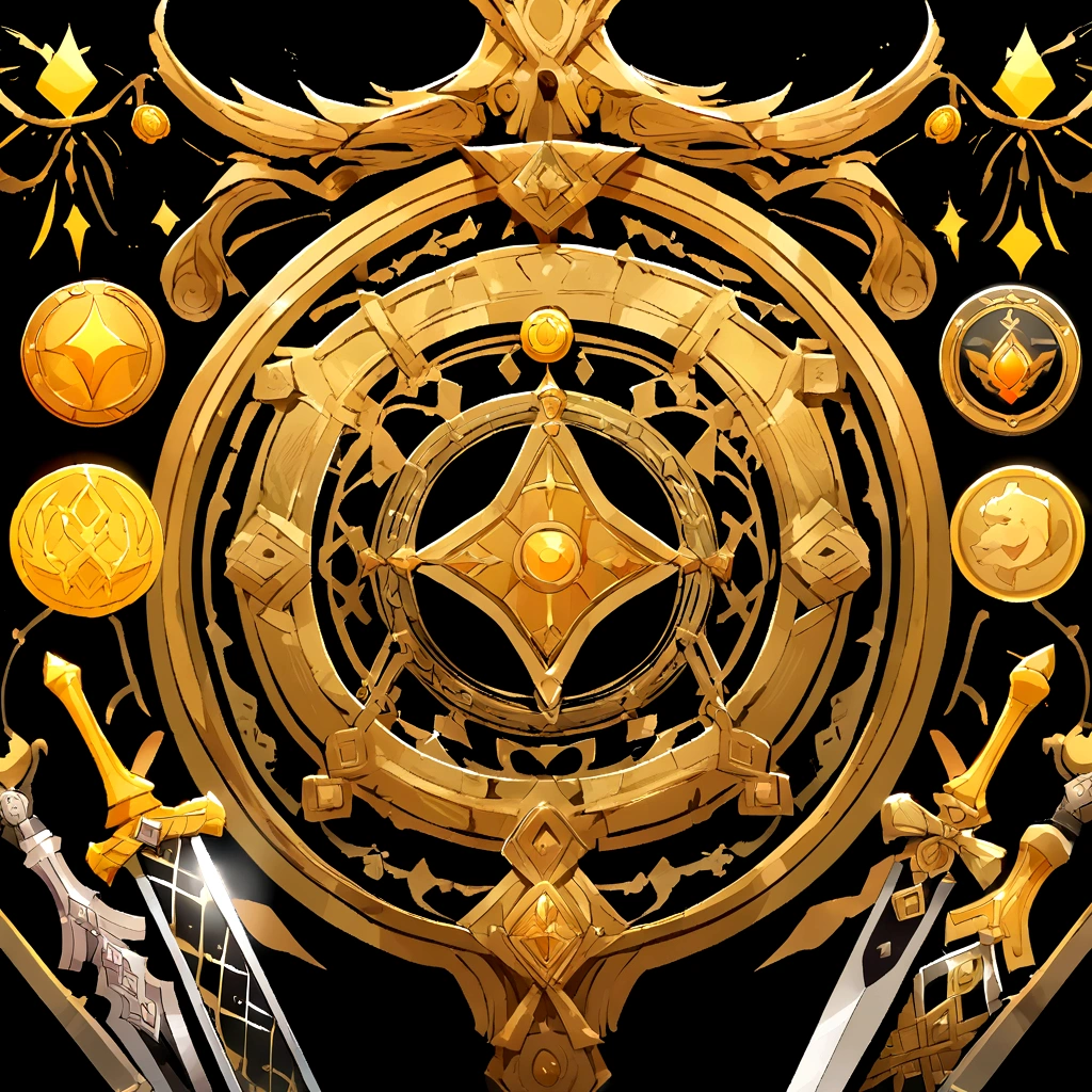 (UI interface design for game achievement badges),silver knife,Flat 2D effect,coin ,Sword and magic, color yellow, black background