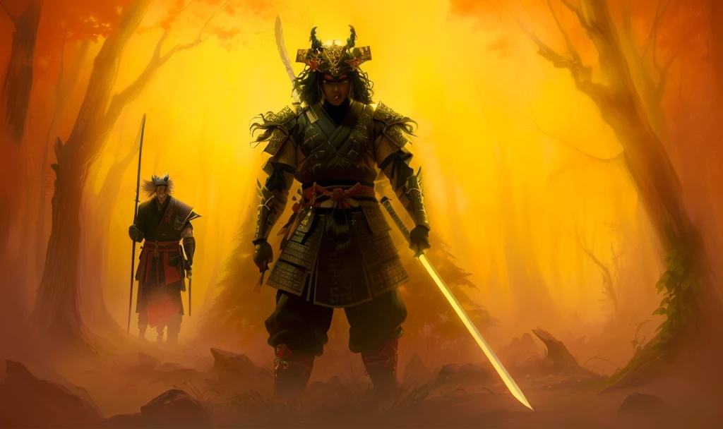 There are two men in the forest with swords and a demon, epic Samurai warrrior, demon Samurai warrior, demon Samurai, black bull Samurai, inspired by Kanō Sanraku, Samurai, neon samurai, inspired by Kanō Hōgai, Samurai warrior, feudal Japanese art, samurai with demon mask, afro Samurai animes style, samurai jedi