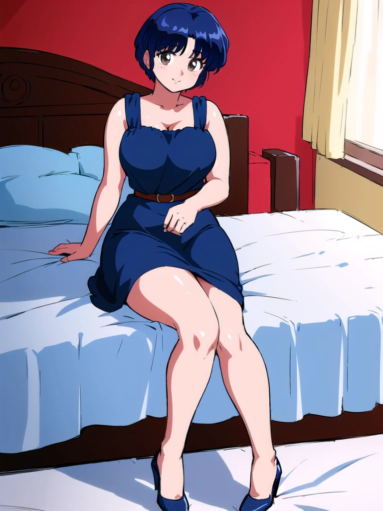 HDR, CG, sharp focus, (8k), (4k), masterpiece, best quality, detailed skin, extremely detailed, hiper detailed, sharp focus, looking at viewer, high quality, AKANE, Akane tendou, short hair, blue hair, brown eyes ,curtain pelvic DRESS, tetas grandes bush, solo, 1girl, sit on BED, BEDROOM background, hands on chest, heels, black dress, cute smile, thick legs,