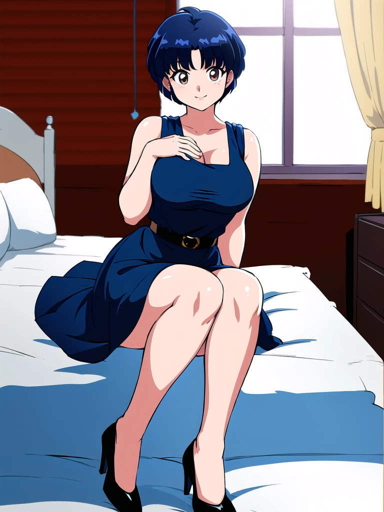 HDR, CG, sharp focus, (8k), (4k), masterpiece, best quality, detailed skin, extremely detailed, hiper detailed, sharp focus, looking at viewer, high quality, AKANE, Akane tendou, short hair, blue hair, brown eyes ,curtain pelvic DRESS, tetas grandes bush, solo, 1girl, sit on BED, BEDROOM background, hands on chest, heels, black dress, cute smile, thick legs,