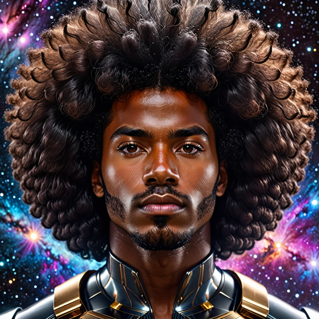 Centered, a brown skin man with a huge black power afro hair mixed in the cosmos galaxy, afrofuturism, cosmic, ultra quality, 8K, masterpiece, photorealistic face, cinematic scene