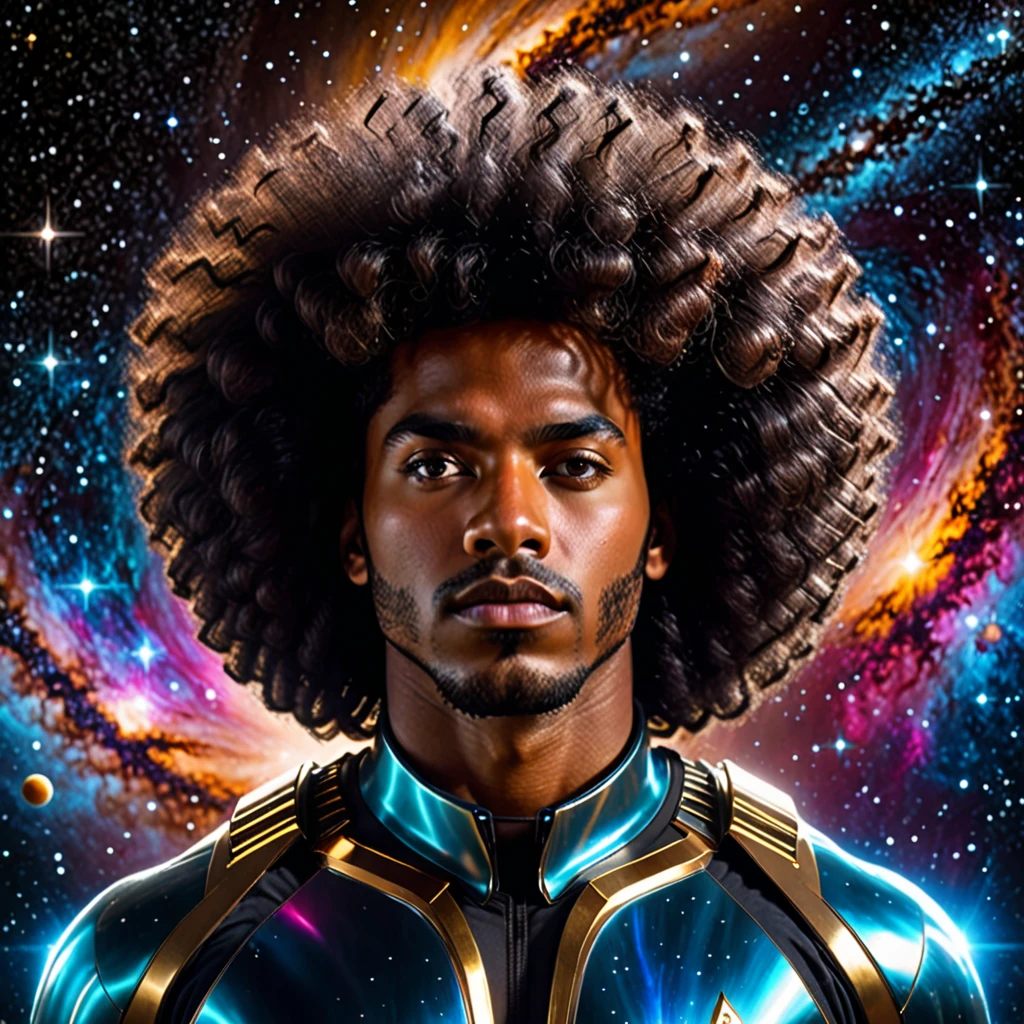 Centered, a brown skin man with a huge black power afro hair mixed in the cosmos galaxy, afrofuturism, cosmic, ultra quality, 8K, masterpiece, photorealistic face, cinematic scene