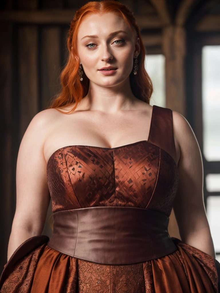 Face of Sophie Turner, Sansa Stark played by Sophie Turner, the de facto Lady of the Eyrie, is a 40-year-old mature queen with a stunning, alluring appearance. Full Face, Full figured woman, pierced eyes, reddish lips, upper body shot, erotic Mediaeval costumes, game of thrones costumes, She wears a Game of Thrones-inspired costume and has a deep cleavage, a perfect thick body, and a perfect thick figure. The photograph captures her in a close-up, with her skin texture and facial features being ultra-realistic and realistic. Juicy thick figure, high quality skin, Skin pores, amazing details, snow, snow flakes, semi realistic, extremely detailed eyes, dark moody orange and black settings, cool environment, artificial intelligence