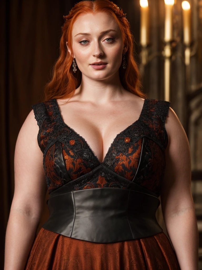 Face of Sophie Turner, Sansa Stark played by Sophie Turner, the de facto Lady of the Eyrie, is a 40-year-old mature queen with a stunning, alluring appearance. Full Face, Full figured woman, pierced eyes, reddish lips, upper body shot, erotic Mediaeval costumes, game of thrones costumes, She wears a Game of Thrones-inspired costume and has a deep cleavage, a perfect thick body, and a perfect thick figure. The photograph captures her in a close-up, with her skin texture and facial features being ultra-realistic and realistic. Juicy thick figure, high quality skin, Skin pores, amazing details, snow, snow flakes, semi realistic, extremely detailed eyes, dark moody orange and black settings, cool environment, artificial intelligence