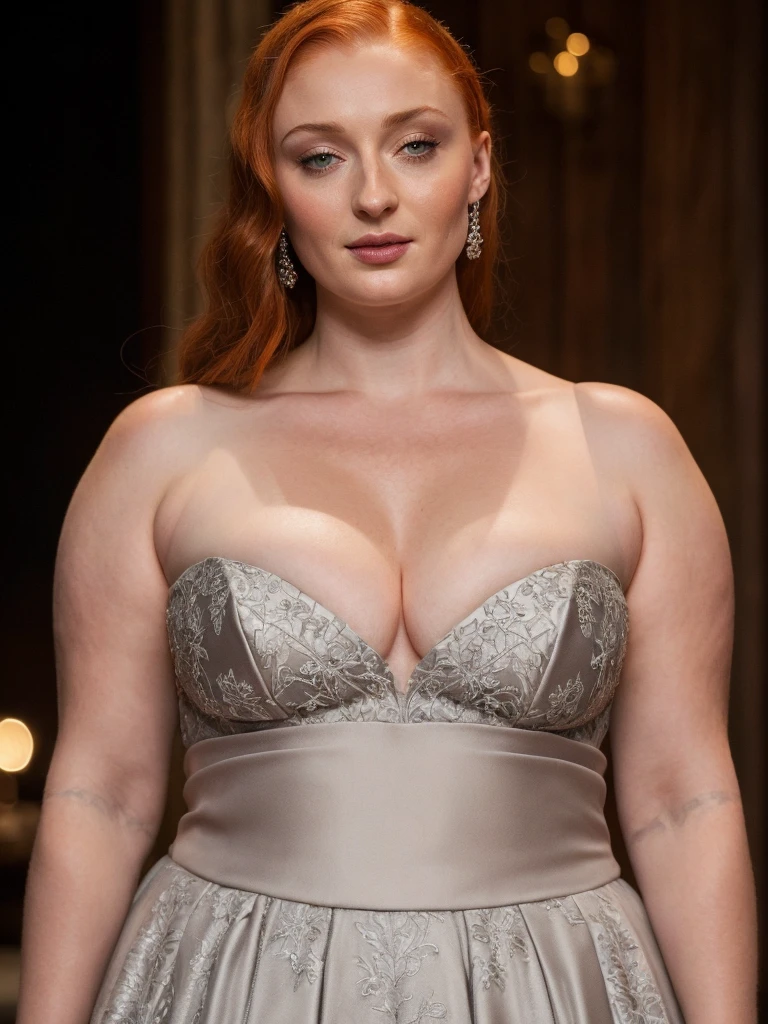 Face of Sophie Turner, Sansa Stark played by Sophie Turner, the de facto Lady of the Eyrie, is a 40-year-old mature queen with a stunning, alluring appearance. Full Face, Full figured woman, pierced eyes, reddish lips, upper body shot, erotic Mediaeval costumes, game of thrones costumes, She wears a Game of Thrones-inspired costume and has a deep cleavage, a perfect thick body, and a perfect thick figure. The photograph captures her in a close-up, with her skin texture and facial features being ultra-realistic and realistic. Juicy thick figure, high quality skin, Skin pores, amazing details, snow, snow flakes, semi realistic, extremely detailed eyes, dark moody orange and black settings, cool environment, artificial intelligence