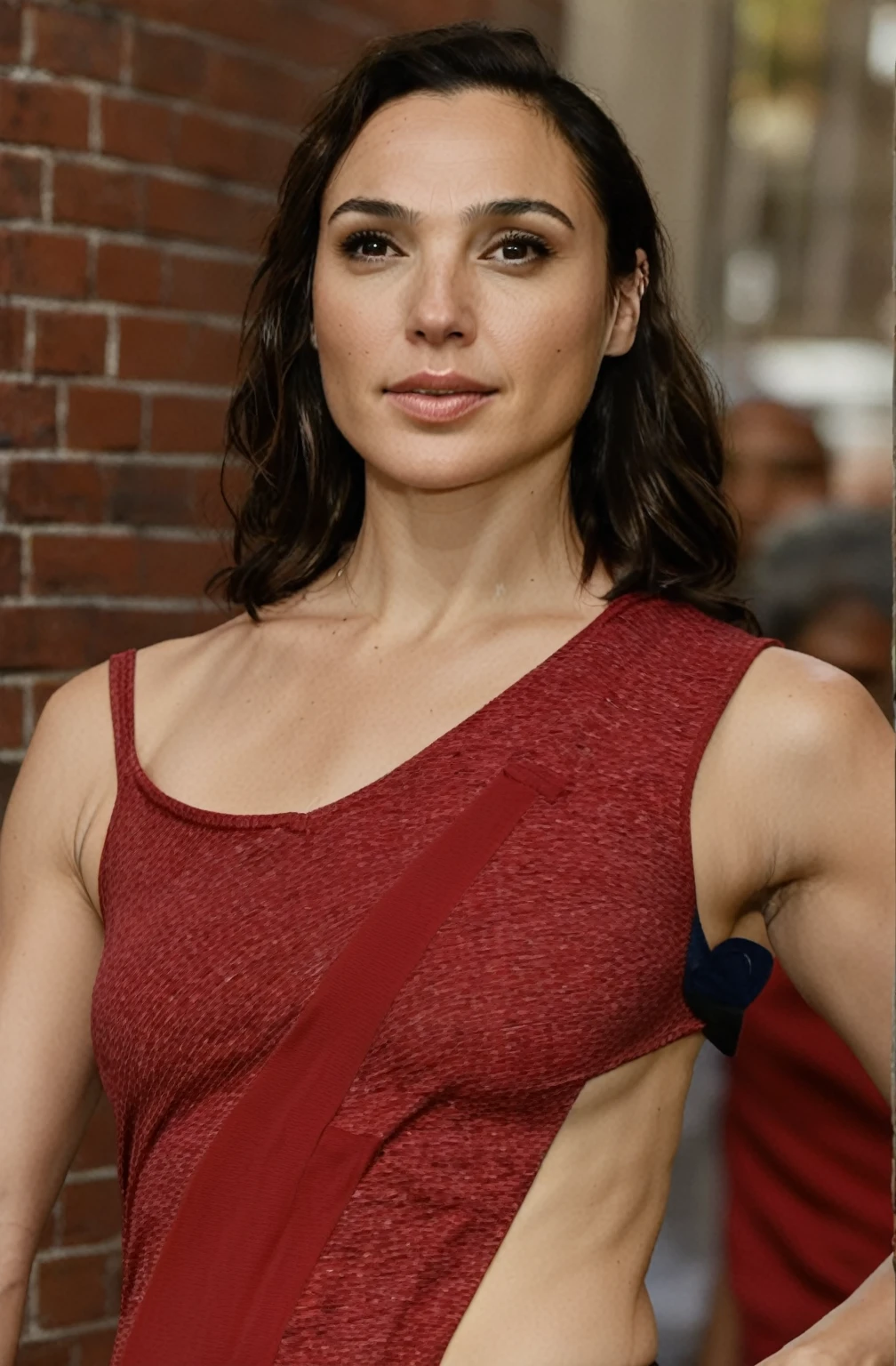  high quality random  paparazzi photograph  (GalGadot  , mother, slim fit figure, flat breast , random angle, broad shoulders, oily skin, erotic angle, ) random erotic photograph , she is wearing a tshirt, walking on beachside streets  , random move ,seductive, tired woman   ( depth of field, insanely detailed skin texture, ultra  detailed face, hyper detailed features )