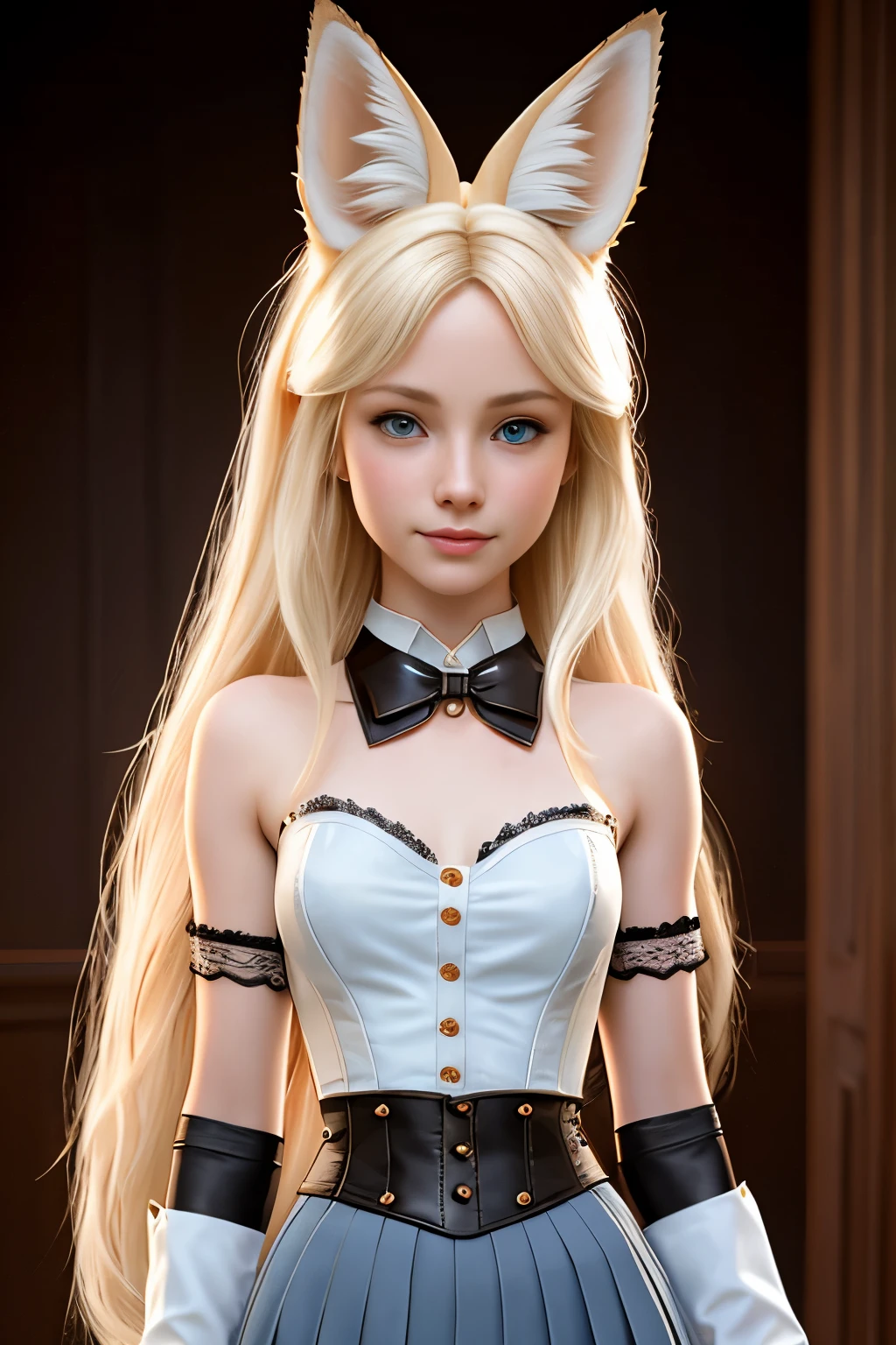 close up 1girl in, teenager, Solo, Aesthetic artwork, blond, straight blonde hair, super long blonde hair, light blue eyes, some small freckles, pale skin, A-cup, (large fox ears:1.25), small breasts, runners body, (thin hips, thin waist: 1.25), detailed skin, shy smile, wearing a steampunk outfit with lace, leather corset, ornamental copper parts, portrait, pleated skirt, 50mm, 8k textures, soft cinematic light, RAW intricate, elegant, highly detailed, sharp focus, ((((cinematic look)))), soothing tones, insane details, intricate details, hyperdetailed, low contrast, soft cinematic light, dim colors, exposure blend, hdr, faded