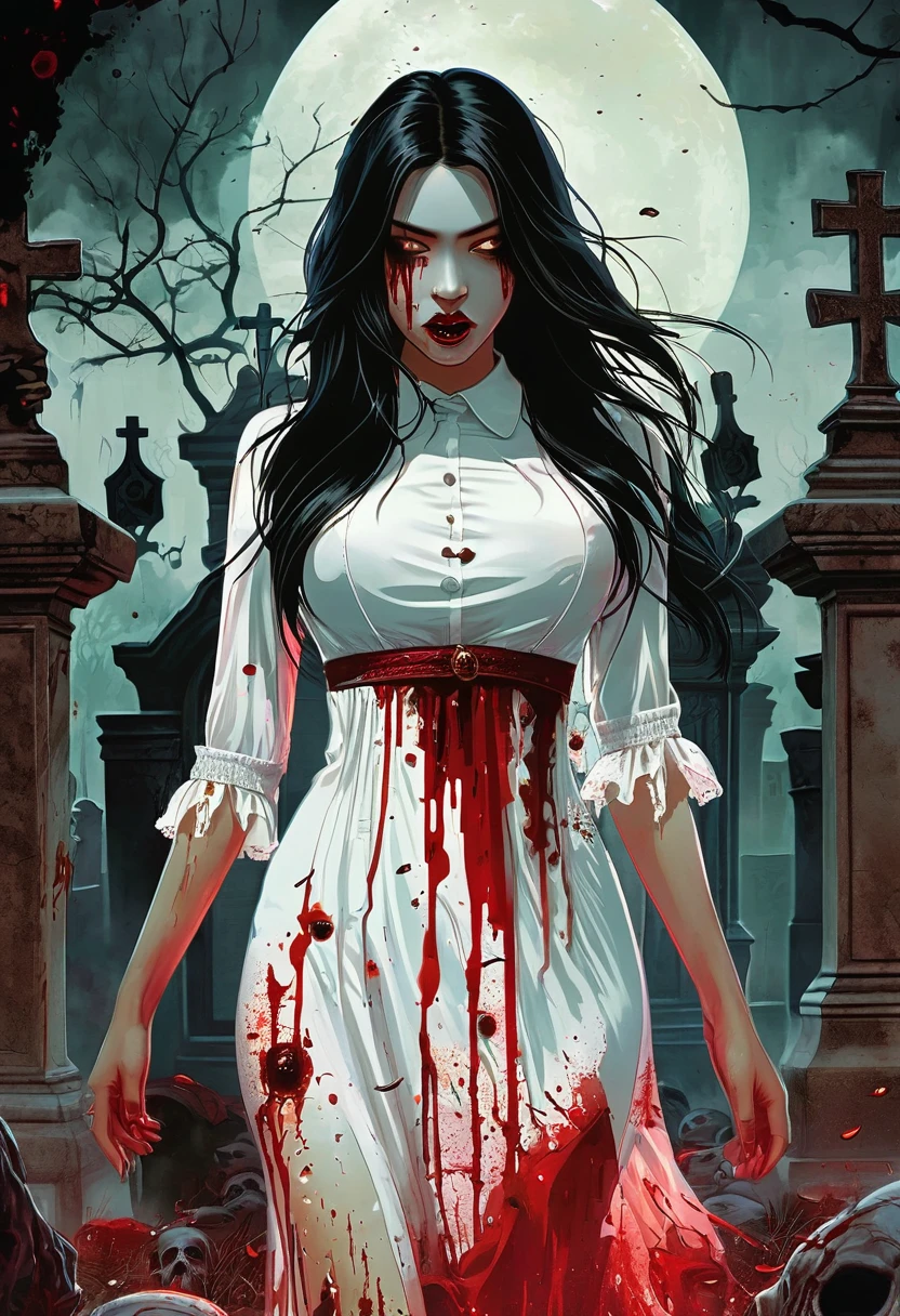 Create a picture of a woman wearing a transparent white dress,long black hair down to the bottom,face full of cuts,vicious eyes,mouth full of blood,the stomach is hollow,visible intestinal organs scattered full of blood,background of an old cemetery, mysterious scary atmosphere,text "Rizqi Oliveira" with blood dripping