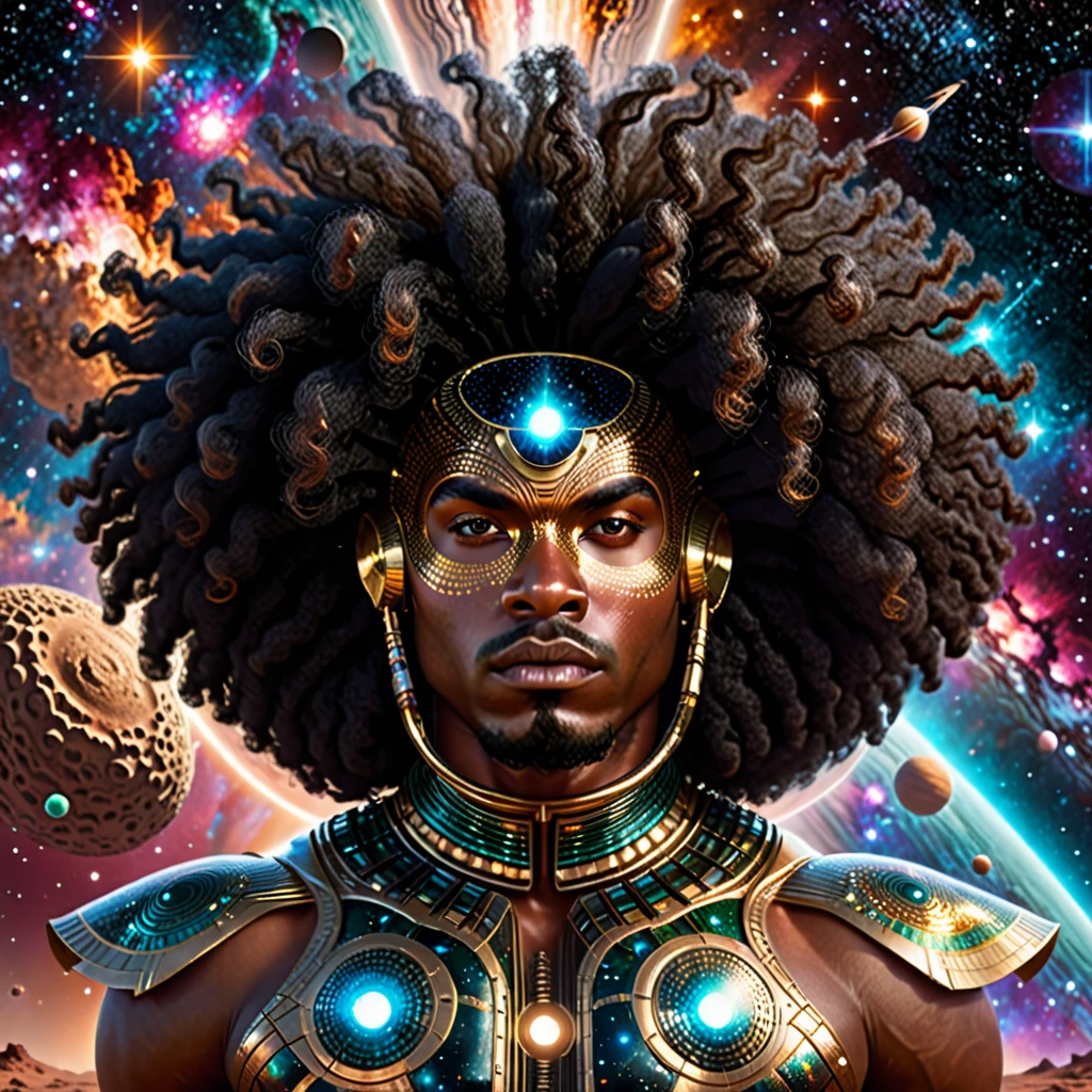 Centered, a brown skin man with a huge black power afro hair mixed in the cosmos galaxy, afrofuturism, cosmic, afrofuturism fashion, album cover, ultra quality, 8K, masterpiece, photorealistic face, cinematic scene