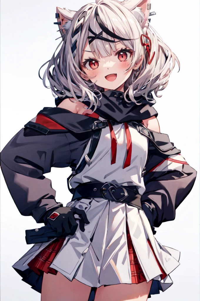 sakamata chloe, 1girl, solo, gloves, fang, hood, looking at viewer, smile, hood up, off shoulder, skin fang, blush, hand on hip, open mouth, :d, white background, open clothes, cowboy shot, animal hood, shirt, pleated skirt, open jacket, long sleeves, miniskirt,