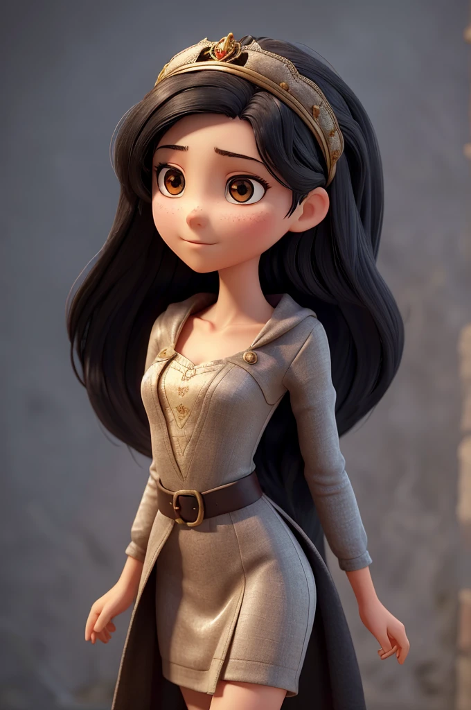 A seventeen-year-old girl from the 5th century, time of feudalism. She has straight black hair that flows smoothly down her back to her knees.. Your eyes are deep and dark like obsidian, displaying a look that conveys mystery and a certain vulnerability. Your skin is pale, contrasting with the darkness of her hair and eyes, and her slender body reveals a delicate fragility, as well as an inherent agility. The prominent clavicle reinforces its fragile appearance. Dressed to withstand the cold, mild climate of your region, She wears dense, dark-toned dresses, that complement your nobility. Clothes are made from rich, heavy fabrics, suitable for the aristocracy of the time, and possibly adorned with subtle details that indicate their noble origin.