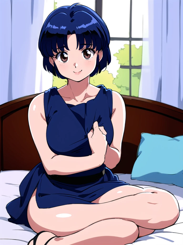 HDR, CG, sharp focus, (8k), (4k), masterpiece, best quality, detailed skin, extremely detailed, hiper detailed, sharp focus, looking at viewer, high quality, AKANE, Akane tendou, short hair, blue hair, brown eyes ,curtain pelvic DRESS, tetas grandes bush, solo, 1girl, sit on BED, BEDROOM background, hands on chest, heels, black dress, cute smile,
