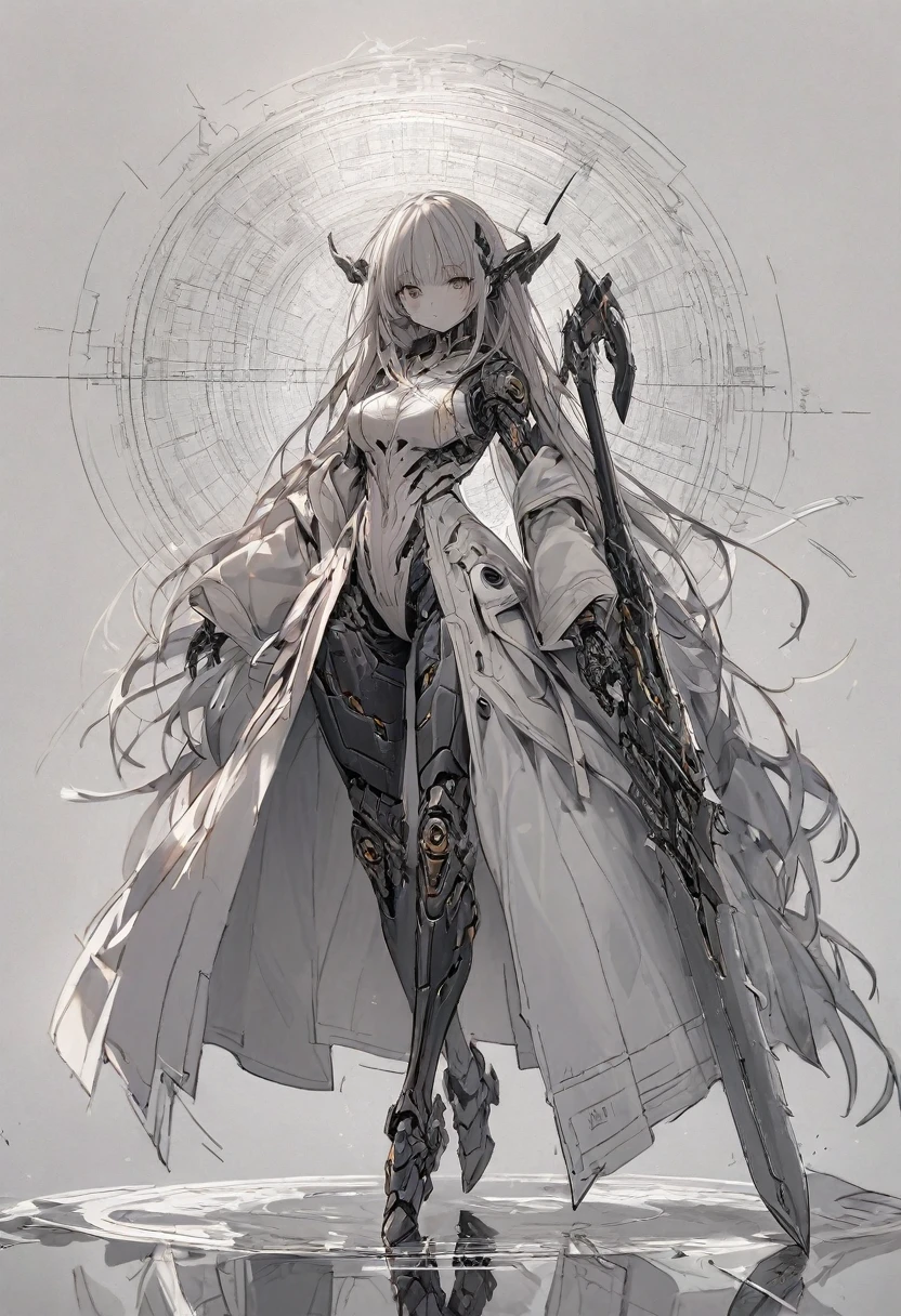 engineering drawing, thin line pen drawing, dark, futuristic silhouette of black dragon cyborg girl, full body, long flowing coat, holding giant greatsword with mechanical gimmick blade, standing on reflective surface against minimalist light grey background