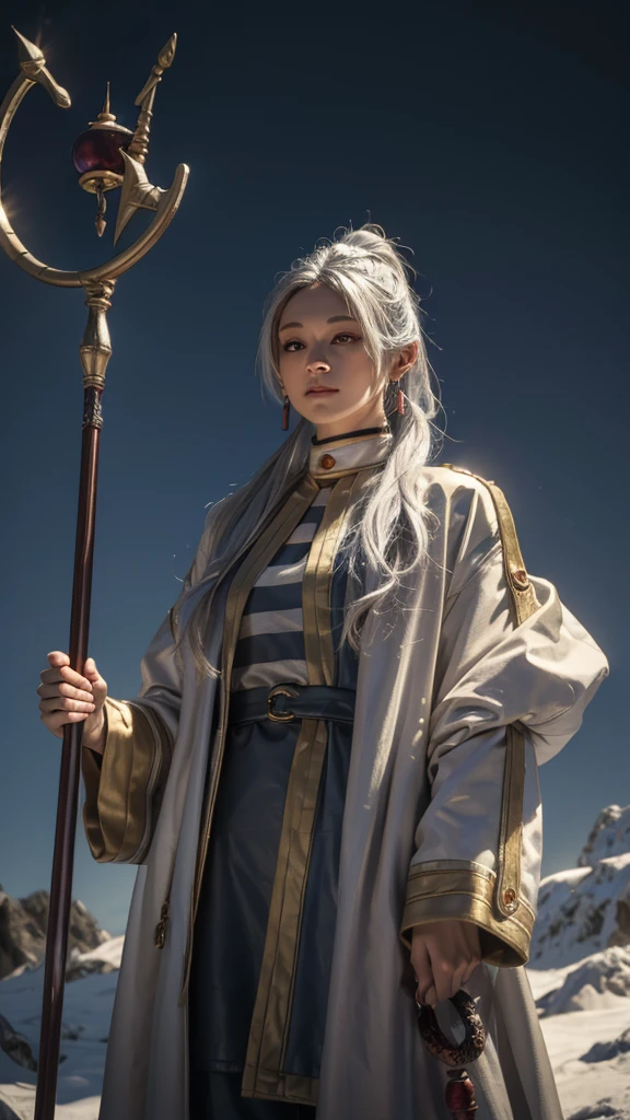 FrierenWinter, 8k, best quality, highres, realistic, real person, A wizard character with silver ponytail hair, earrings, and a shorter stature. The wizard is holding a luxurious, ornately decorated staff but is not wearing a hat. Their outfit is a blend of traditional wizard robes and contemporary magical attire, rich in detail and color. The character's expression is wise and confident, reflecting their mastery in magic. The background is a mystical setting, with elements of magic and fantasy.