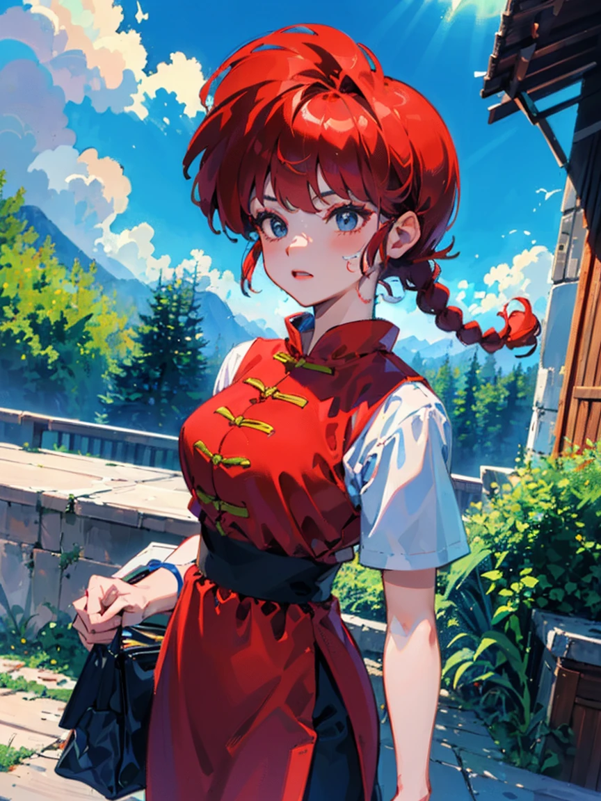 ((masterpiece:1.4)), expensive quality, very_expensive_solve, big_file size, Full Color, Thick outline, Clear contours, colorful, (Beautiful fine details, Are thin:1.4), ((Beautiful Face:1.0)), ((Boyish face:1.4)), 1 girl, (Ranma), (Redhead), short hair, (Braided Ponytail), ((bangs)), bumpy bangs, Blue-gray eyes, Big Breasts, Curvy, Ranma, Braided Ponytail, (Red Chinese Clothing, Short sleeves in red), No sleeve, Tangzhuang, Black trousers, Are standing, ((, Are thin:1.4)), ((from the front:1.4)), Are thin:1.4