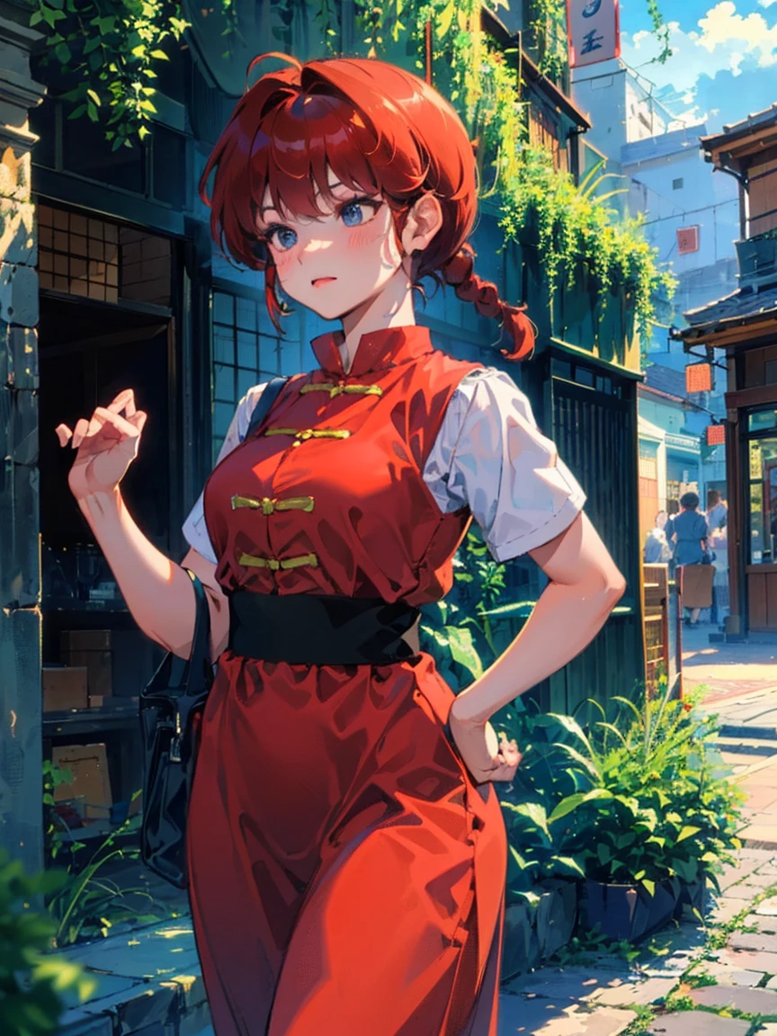 ((masterpiece:1.4)), expensive quality, very_expensive_solve, big_file size, Full Color, Thick outline, Clear contours, colorful, (Beautiful fine details, Are thin:1.4), ((Beautiful Face:1.0)), ((Boyish face:1.4)), 1 girl, (Ranma), (Redhead), short hair, (Braided Ponytail), ((bangs)), bumpy bangs, Blue-gray eyes, Big Breasts, Curvy, Ranma, Braided Ponytail, (Red Chinese Clothing, Short sleeves in red), No sleeve, Tangzhuang, Black trousers, Are standing, ((, Are thin:1.4)), ((from the front:1.4)), Are thin:1.4