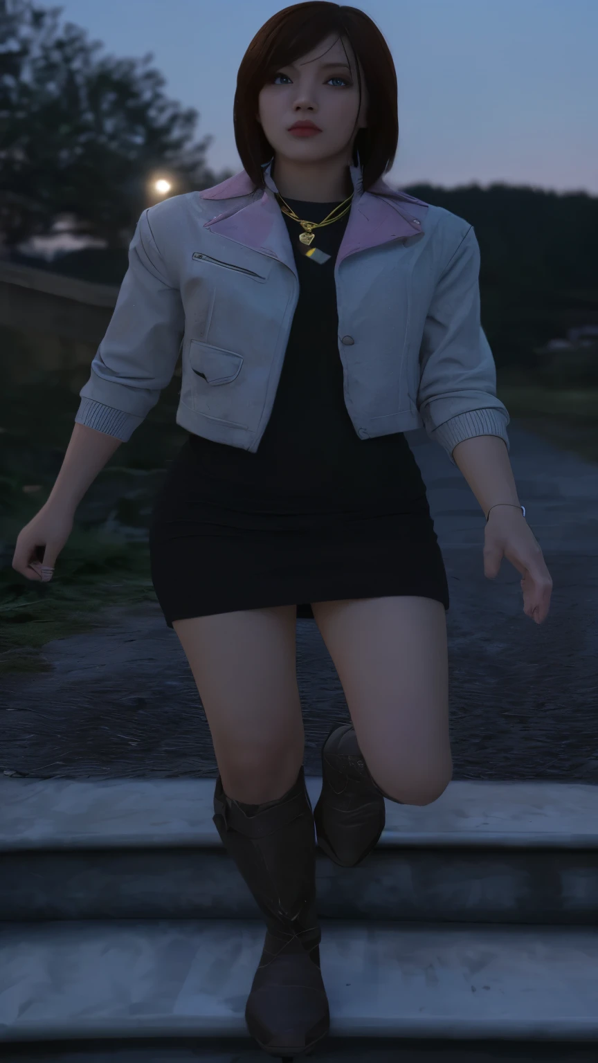 Arafa woman in short dress and jacket walking down a flight of stairs, hyper-detailed full-body photo, soft little details, cinematic detail, close up to a skinny, in clothes! highy detailed, realistic clothing, cinematic clothing photo, Slender girl, hints of yayoi kasuma, detailed clothing, high texture detail), 2b, 2b