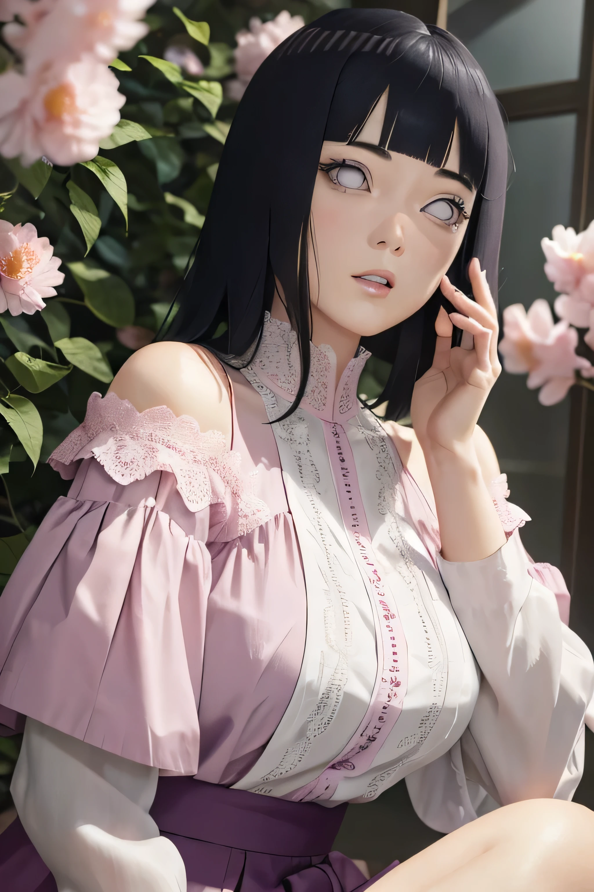 Lingiere, Hinata\(Boruto\), 1girll, Solo,Mature female, Off-the-shoulder lace shirt, When looking at the camera, (Falling petals), Perfectcomposition, Detailed lips, big breast, Beautiful face, body propotion, Blush, (Pink lips), Long hair, Purple eyes, Soft gaze, Super realistic, Detailed, photoshoot, Realistick faces and bodies,
