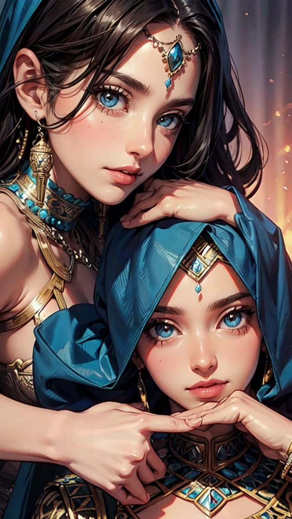 Mavtan Moroccan Islamic surreal super detail,a couple of lesbians,dynamic pose,stroking,touching each other,sweet, sexy, detailed face, detailed eyes, detailed hands