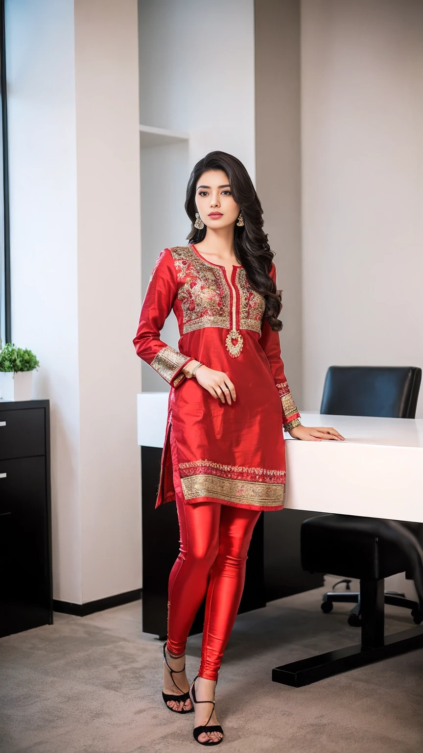 (girl in office room, luxurious office room, girl in office working pose),
(((Full body shot))), (Indian babe), (standing position), (girl work on table), (looking at viewers, front view shots), (masterpiece, hyper realistic, hyper detailed, photorealists), 1girl, 20 years old girl, 16k, FHD, UHD, high quality pictures, extremely detailed, candid brightness, candid shots, extreme detailed, colorful, highest detailed, (iconic picture shot, perfect brightness, perfect contrast, perfect colour), (pretty face, iconic face), (detailed face, detailed eye, detailed lips, detailed neck, ultra realistic face, ultra realistic eye, ultra realistic lips), (attractive hair style, detailed hair style), (sagging perky breasts, perfect rounded breasts, attractive breasts), (attractive body figure, perfect body figure, perfect figure, curvy_figure attractive, hourglass body), (beautiful High heels, fancy high heels),
(beautiful girl in Indian outfits),
(beautiful and aesthetic),
((Masterpiece straight-line kurta, luxurious kurta, iconic kurta), (fancy A-line kurta), (embroidery red kurta), iconic kurta, flared kurta, long skinny sleeves, ruffled kurta, fancy leggings, embroidery leggings, iconic leggings), ,., , ,