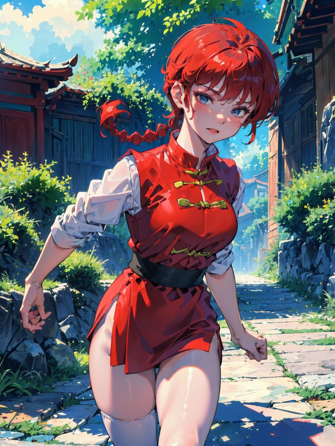 ((masterpiece:1.4)), expensive quality, very_expensive_solve, big_file size, Full Color, Thick outline, Clear contours, colorful, (Beautiful fine details, Are thin:1.4), ((Beautiful Face:1.0)), ((Boyish face:1.4)), 1 girl, (Ranma), (Redhead), short hair, (Braided Ponytail), ((bangs)), bumpy bangs, Blue-gray eyes, Big Breasts, Curvy, Ranma, Braided Ponytail, (Red Chinese Clothing, Short sleeves in red), No sleeve, Tangzhuang, Black trousers, Are standing, ((, Are thin:1.4)), ((from the front:1.4)), Are thin:1.4
