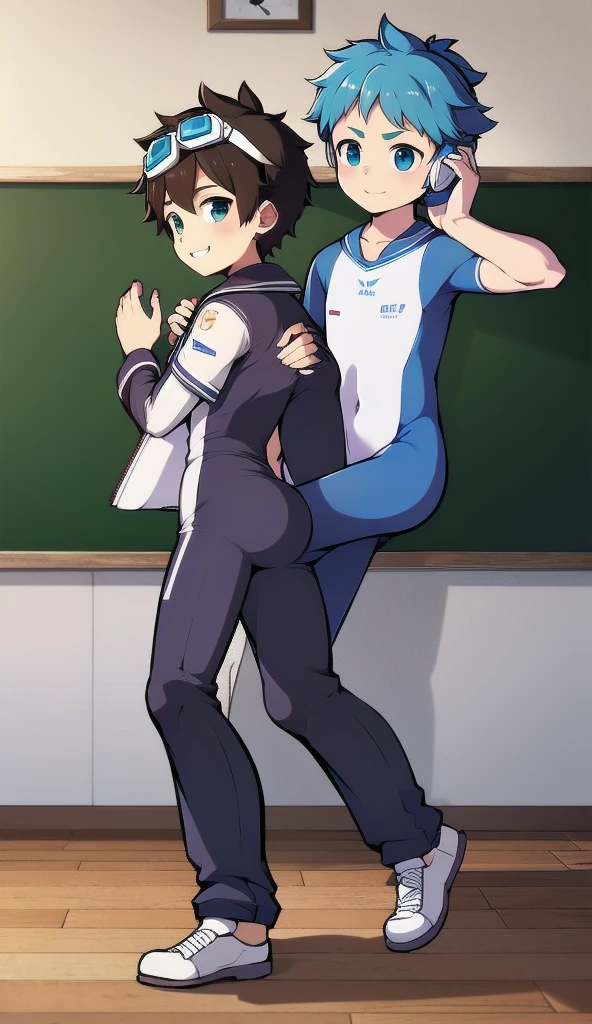 Two-dimensional boy,One-piece mountaineering suit,trumpet,Cow ears,Put the headphones on your head,walk,goggles,sports shoes,Slim,Happy,Sailor collar,classroom