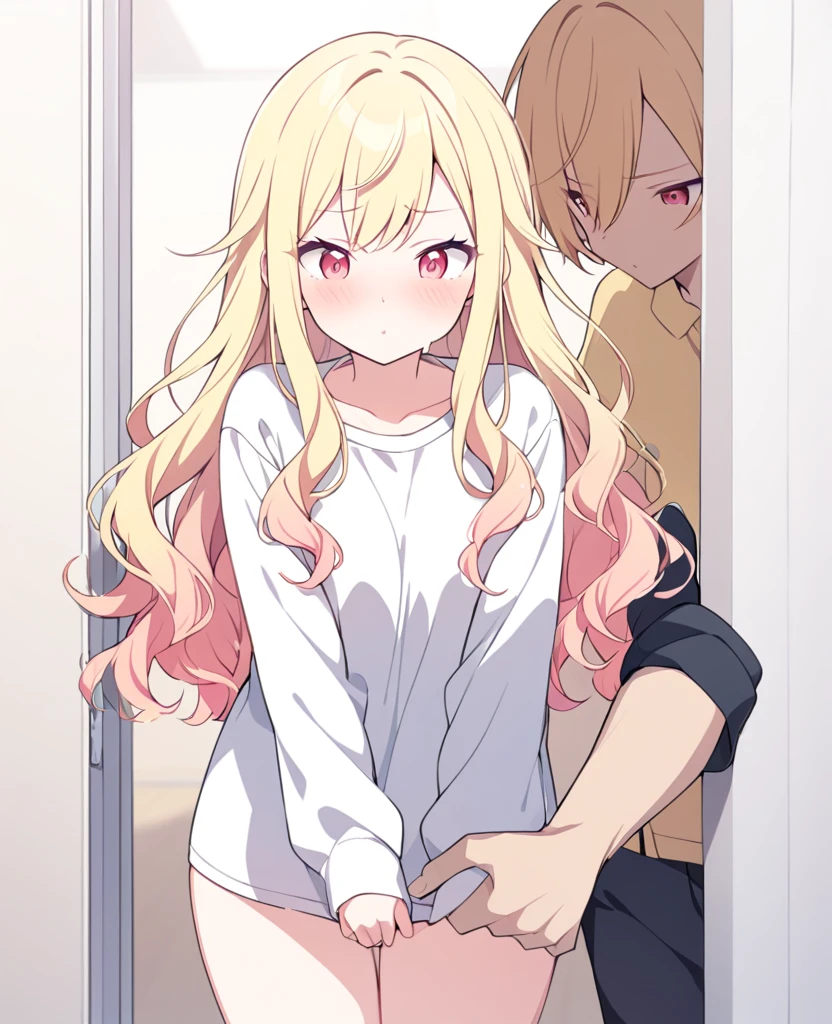 One girl,alone,Tenma Saki, body type,Yellow Hair,Red Eyes,project sekai,long hair,cute,cute,nsfw,shirt,corridor,Being fingered by a man