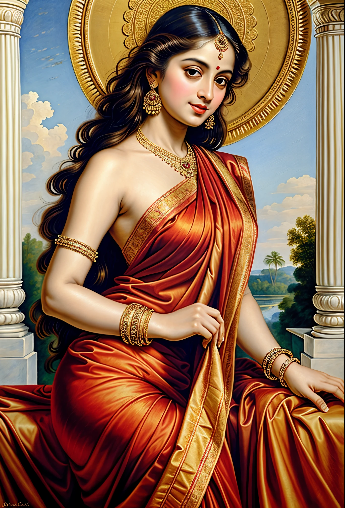 Looks like Jannat Zubair, Beautiful Indian Woman, wearing saree, sari Beauty, gorgeous, Apsara, Maharani, royal queen woman, nymph from Hindu Mythology, Urvashi, matchless beauty, Highly detailed, Oil Painting by Peter Paul Rubens inspired by Raja Ravi Varma, Matchless beauty, captivating, gorgeous, heavenly beauty, celestial beauty, by Peter Paul Rubens, 13, realistic, hyper realistic, micro details, incredible artwork, insane details, ultra High resolution, 8k, 32k, acrylic on canvas, intricate, flawless, detailed, detailed face, detailed eyes, masterpiece, by Peter Paul Rubens, by Caravaggio, by William Adolphe bouguereau, perfect face, perfect body, beautiful art, realism, baroque, renaissance Art, highly textured, beautiful and detailed eyes, uhd, best quality,