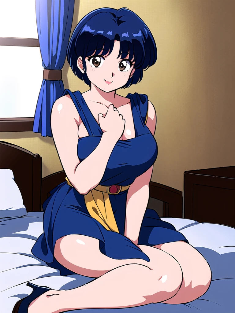 HDR, CG, sharp focus, (8k), (4k), masterpiece, best quality, detailed skin, extremely detailed, hiper detailed, sharp focus, looking at viewer, high quality, AKANE, Akane tendou, short hair, blue hair, brown eyes ,curtain pelvic DRESS, tetas grandes bush, solo, 1girl, sit on BED, BEDROOM background, hands on chest, heels, black dress, cute smile,  
