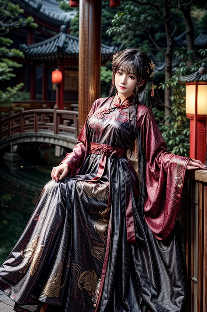 Create a highly detailed and elegant Cheongsam (Qipao) design. The dress should feature intricate floral embroidery, traditional Chinese patterns, and a high collar. The fabric should be silky and glossy, with a rich, deep red color that symbolizes good fortune. Add gold accents and trim to enhance the luxurious feel. The Cheongsam should be form-fitting, highlighting the wearer's figure gracefully, with side slits for ease of movement. Include delicate buttons along the side and an overall sophisticated, timeless look. 

Place the model wearing the Cheongsam in a beautiful background setting. The background should feature a traditional Chinese garden with blooming cherry blossoms, a tranquil pond with koi fish, and a graceful arched bridge. Add elements like lanterns hanging from trees and a pagoda in the distance to complete the scene. Ensure the lighting is soft and warm, creating a serene and enchanting atmosphere.
