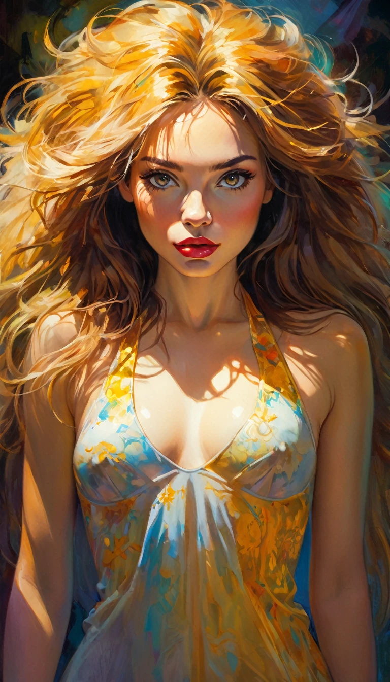 sexy girl and lion, , artwork inspired by Bill Sienkiewicz, vivid colors, intricate details, oil. (best quality,4k,8k,highres,masterpiece:1.2),ultra-detailed,(realistic,photorealistic,photo-realistic:1.37),intricate details,vivid colors,sharp focus,professional,Dave McKean artwork, oil touch of surrealism,oil painting style,portrait,woman,beautiful detailed eyes,beautiful detailed lips,dreamlike atmosphere,shadow play,soft lighting,playful pose